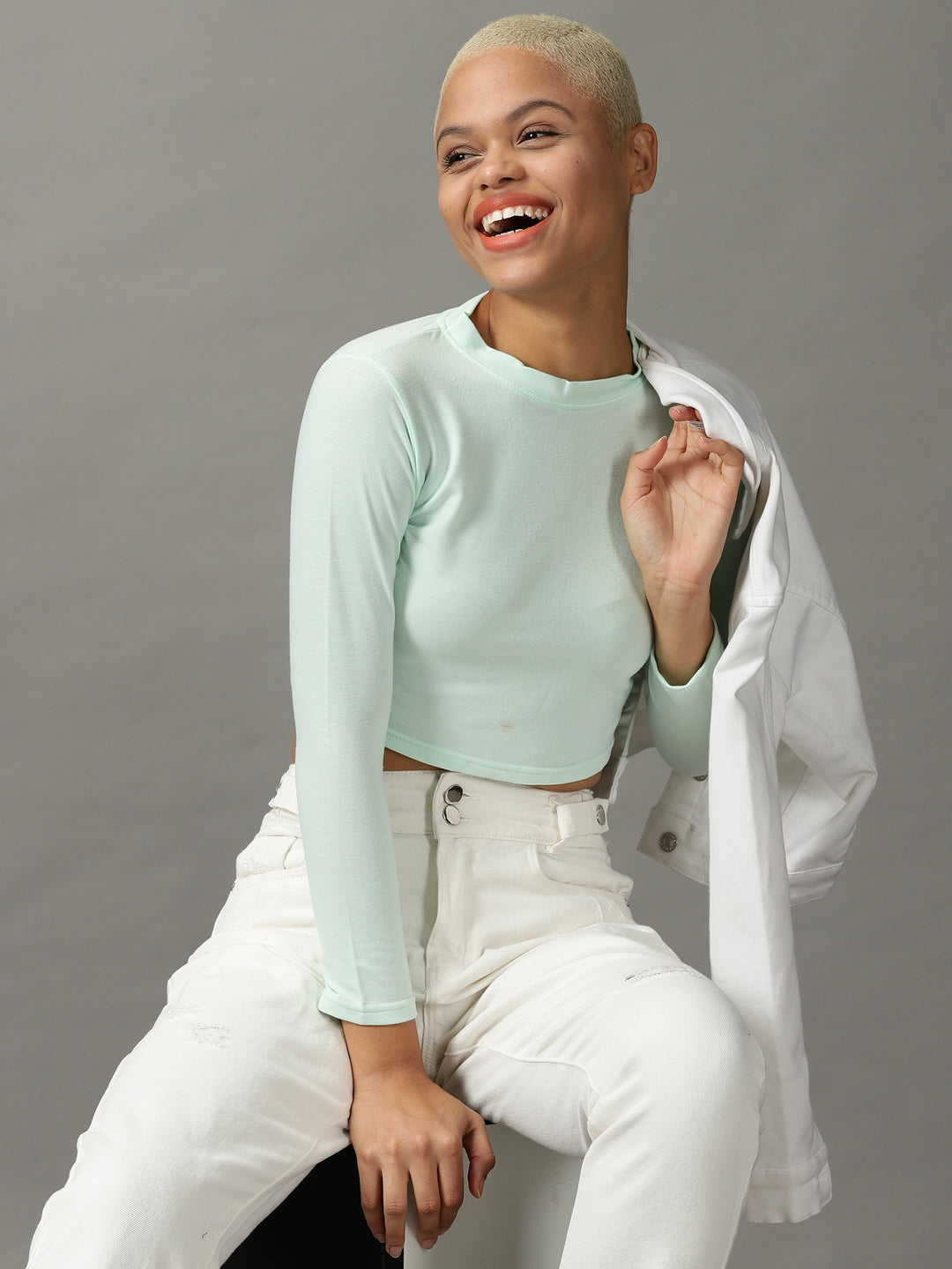 Women's Sea Green Round Neck Cropped Top