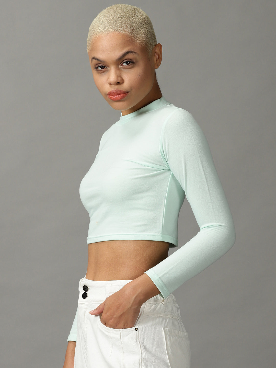 Women's Sea Green Round Neck Cropped Top