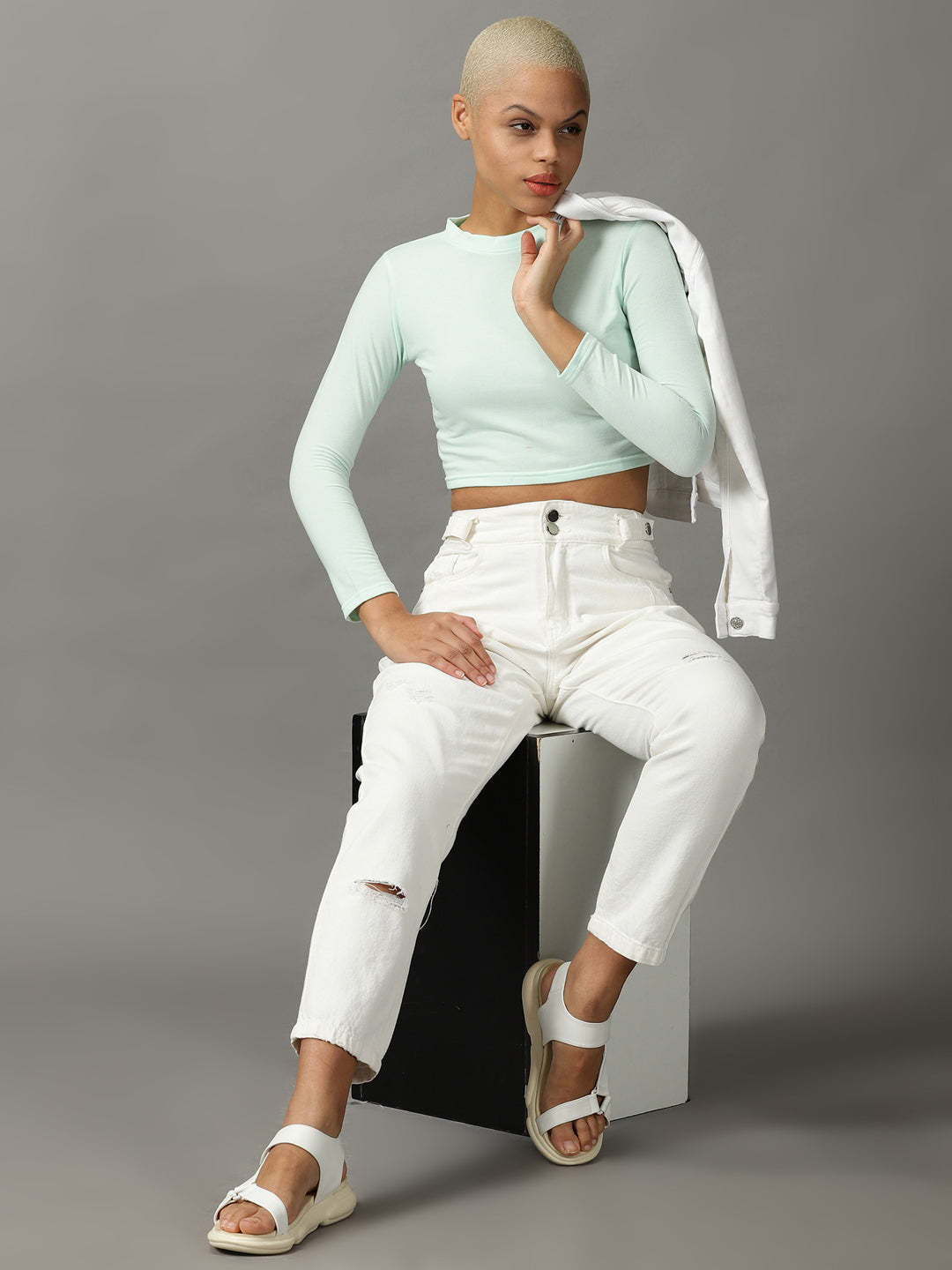 Women's Sea Green Round Neck Cropped Top