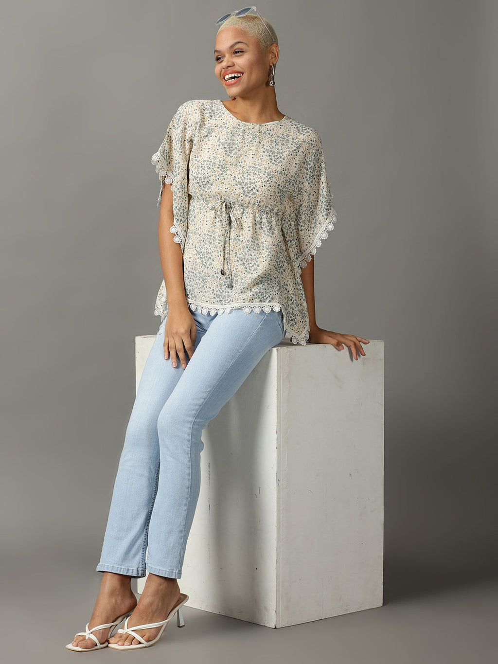 Women's Cream Floral Print Extended Sleeves Georgette Kaftan Top