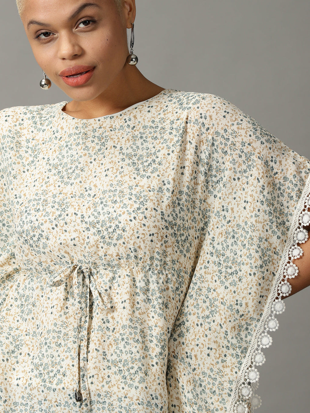 Women's Cream Floral Print Extended Sleeves Georgette Kaftan Top