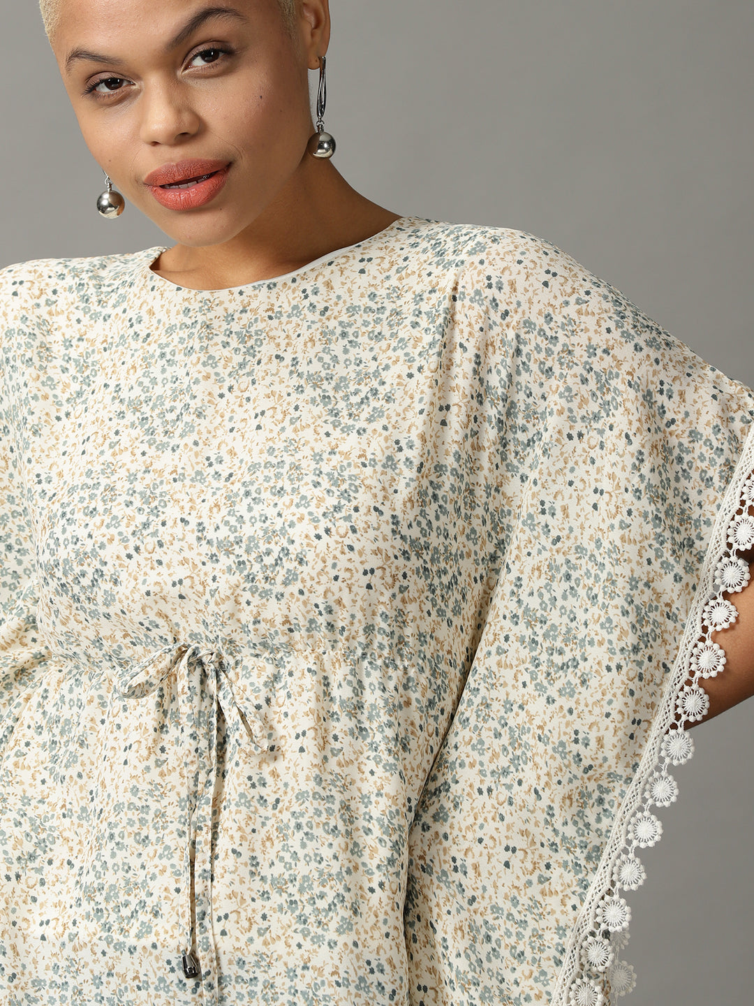 Women's Cream Floral Print Extended Sleeves Georgette Kaftan Top