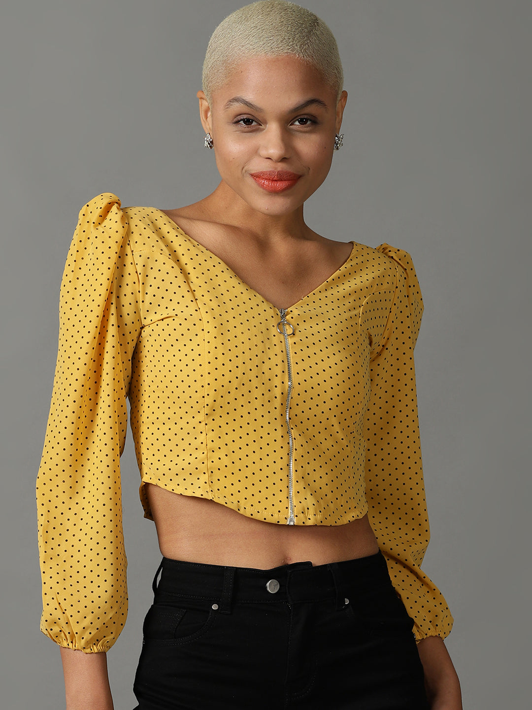 Women's Yellow Polka Dot Georgette Crop Top