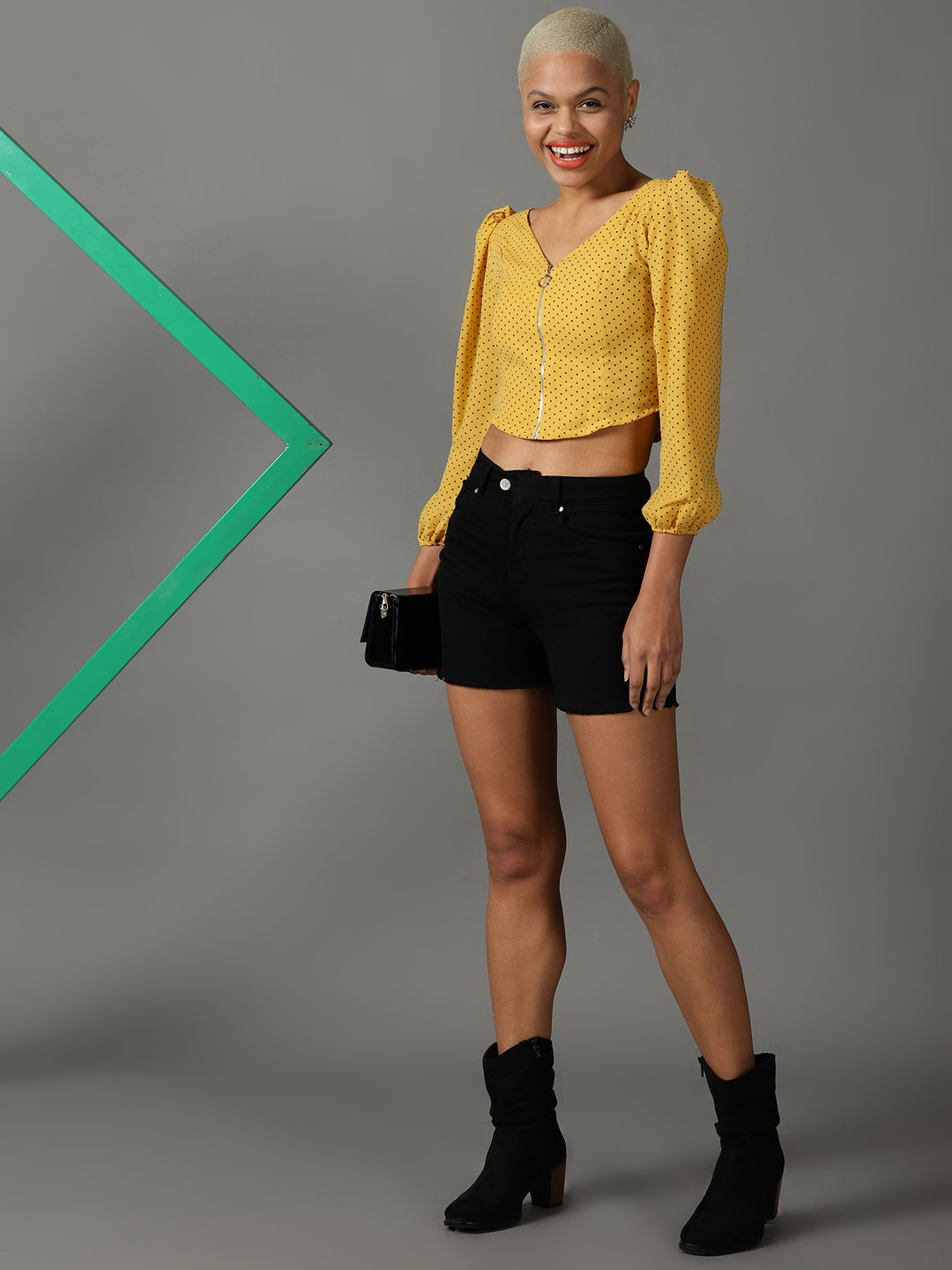 Women's Yellow Polka Dot Georgette Crop Top