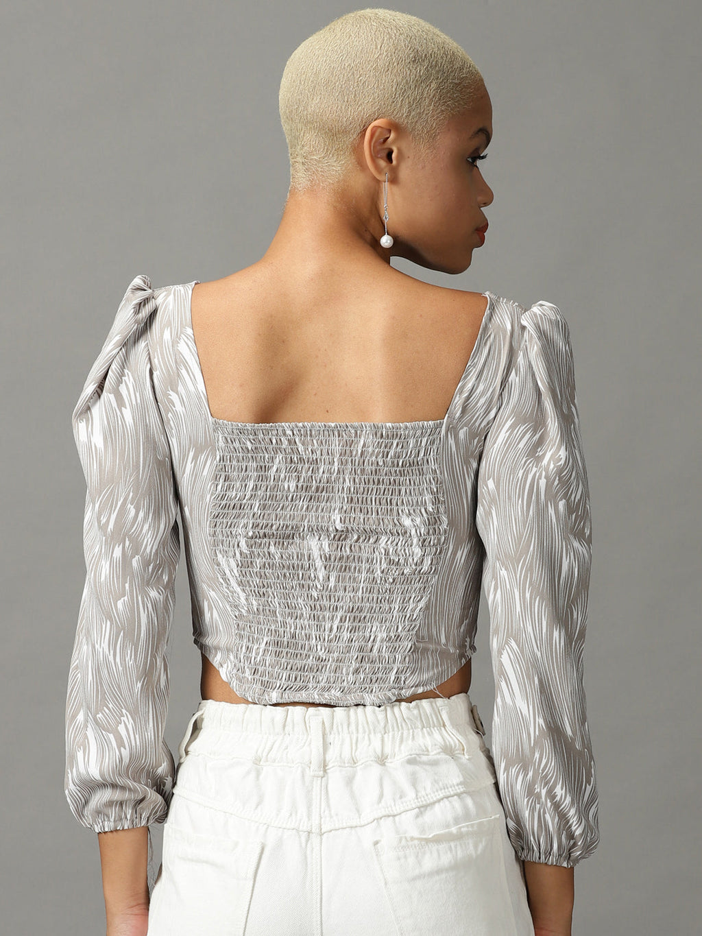 Women's Grey V-Neck Print Crop Top