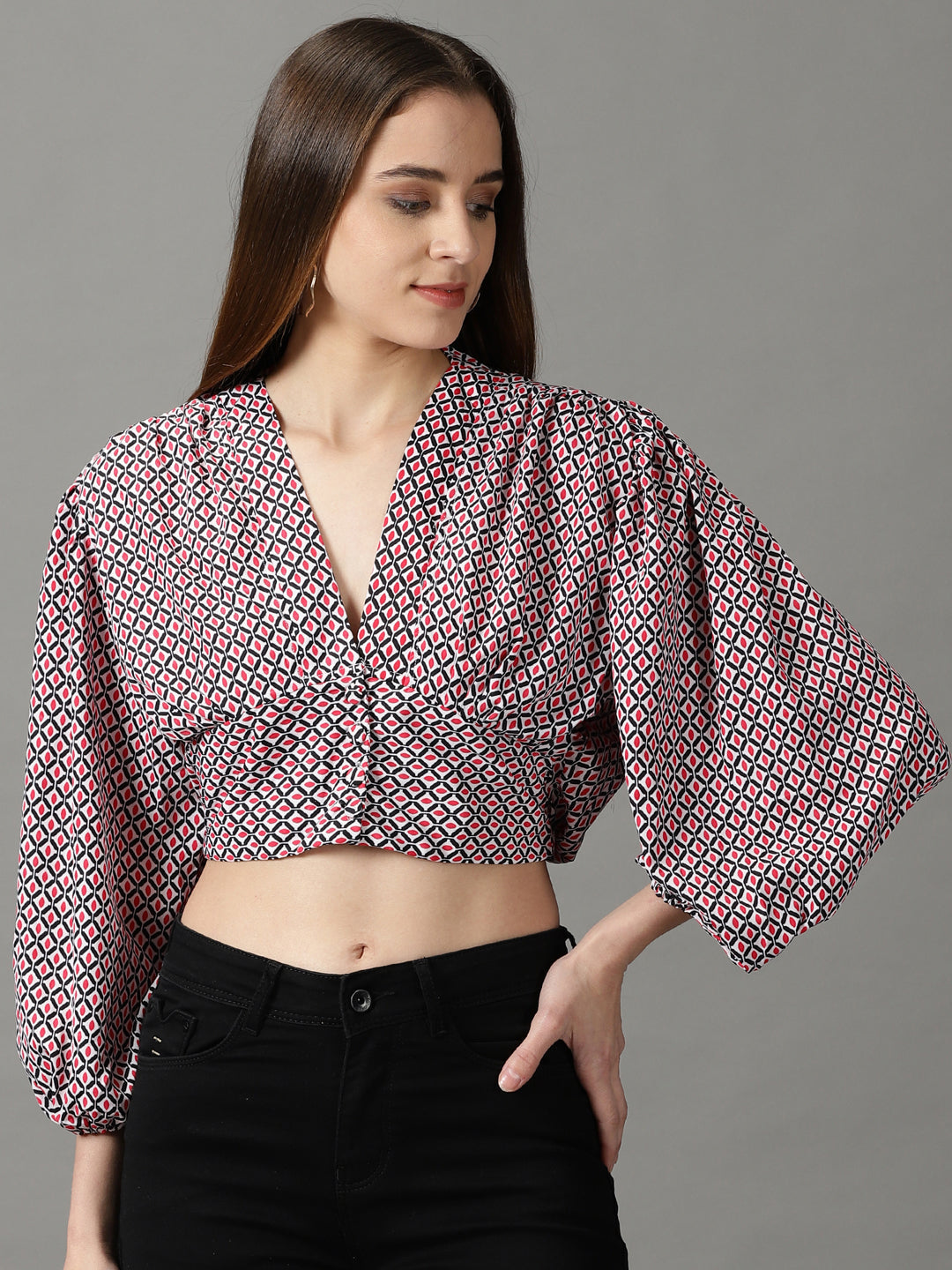 Women's Black Geometric Print Blouson Crop Top