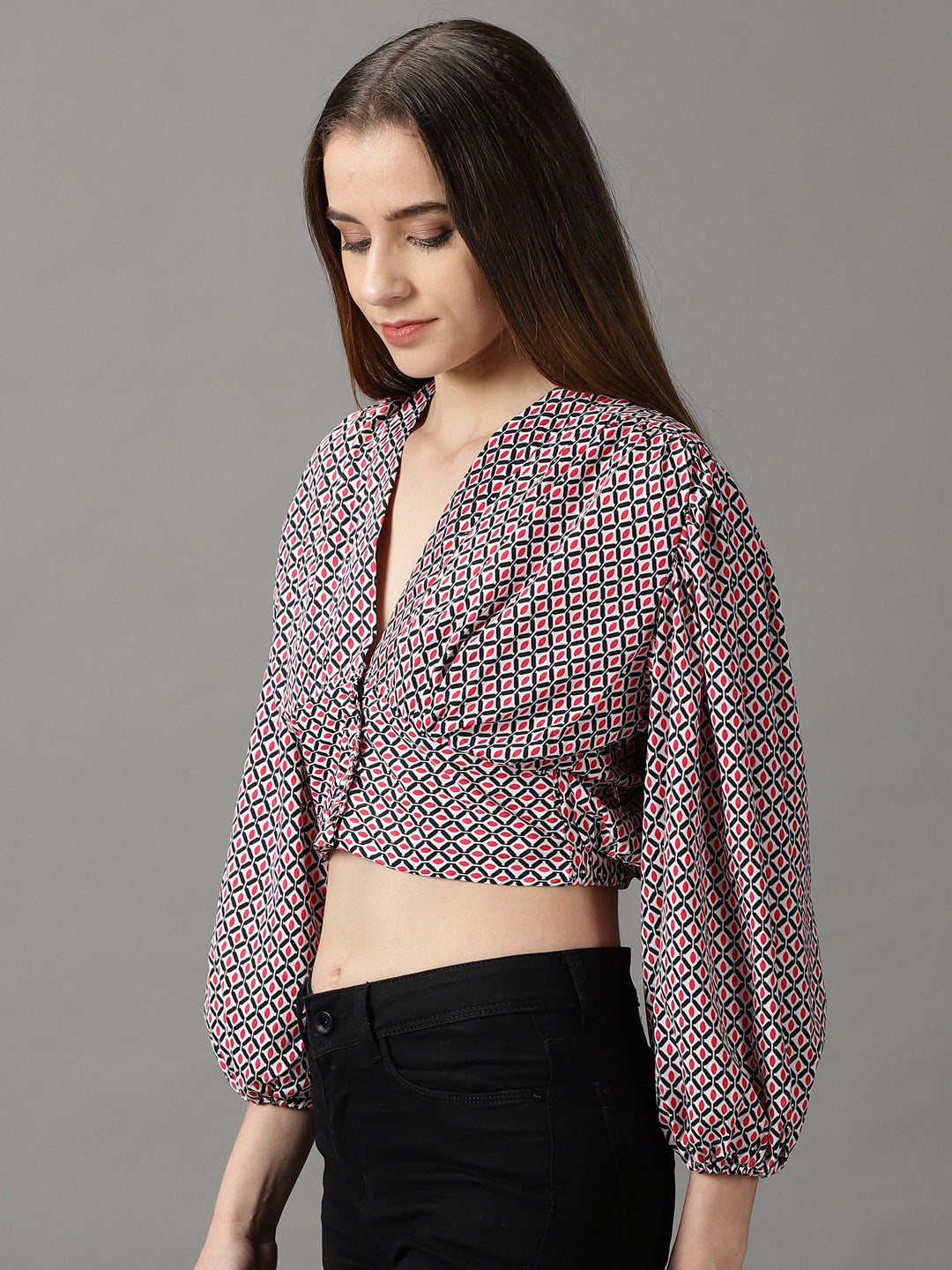 Women's Black Geometric Print Blouson Crop Top