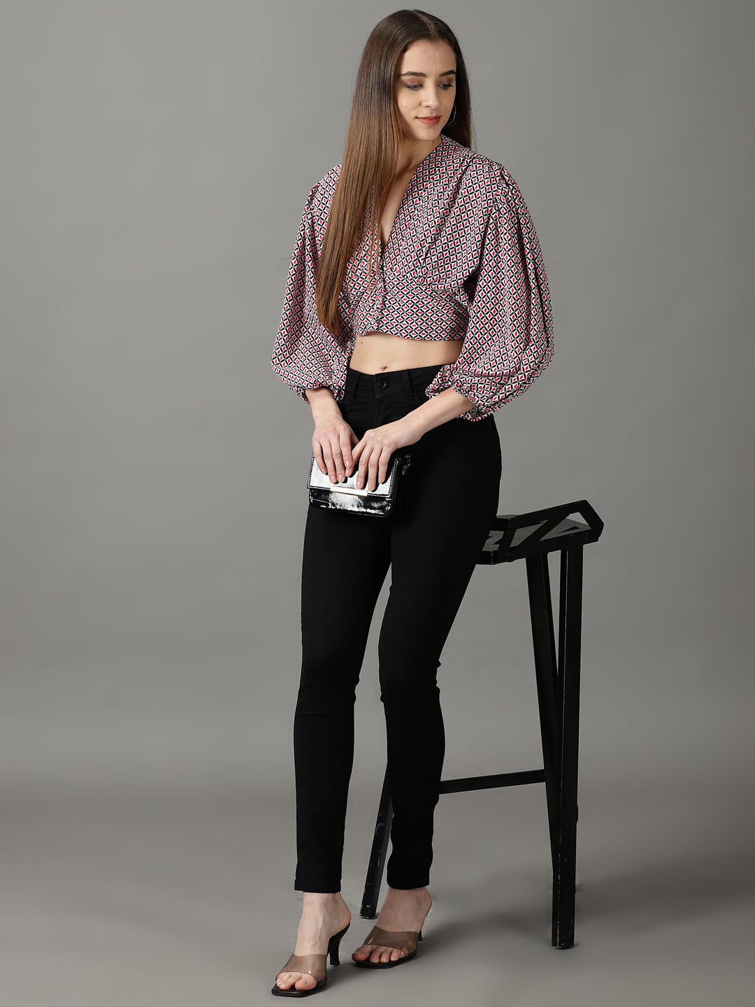 Women's Black Geometric Print Blouson Crop Top