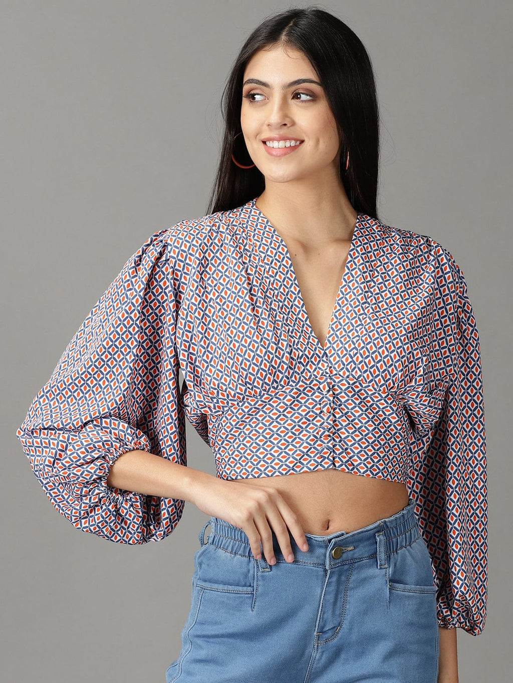 Women's Navy Blue Geometric Print Crop Top