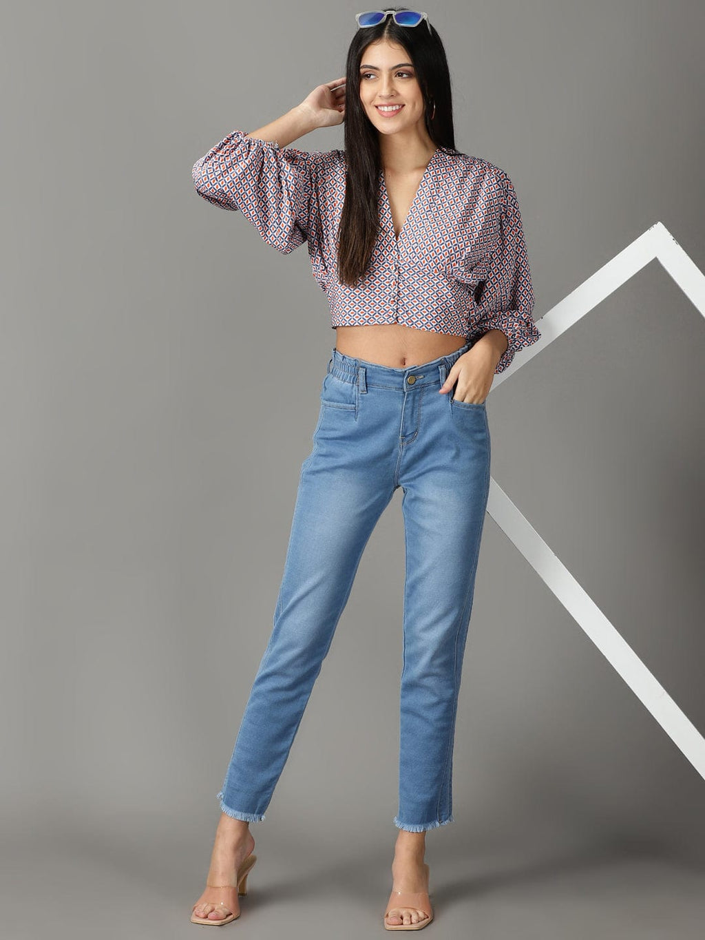 Women's Navy Blue Geometric Print Crop Top