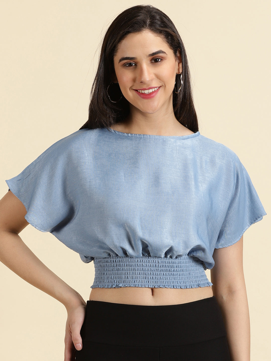 Women's Blue Smocked Extended Sleeves Crop Cinched Waist Top