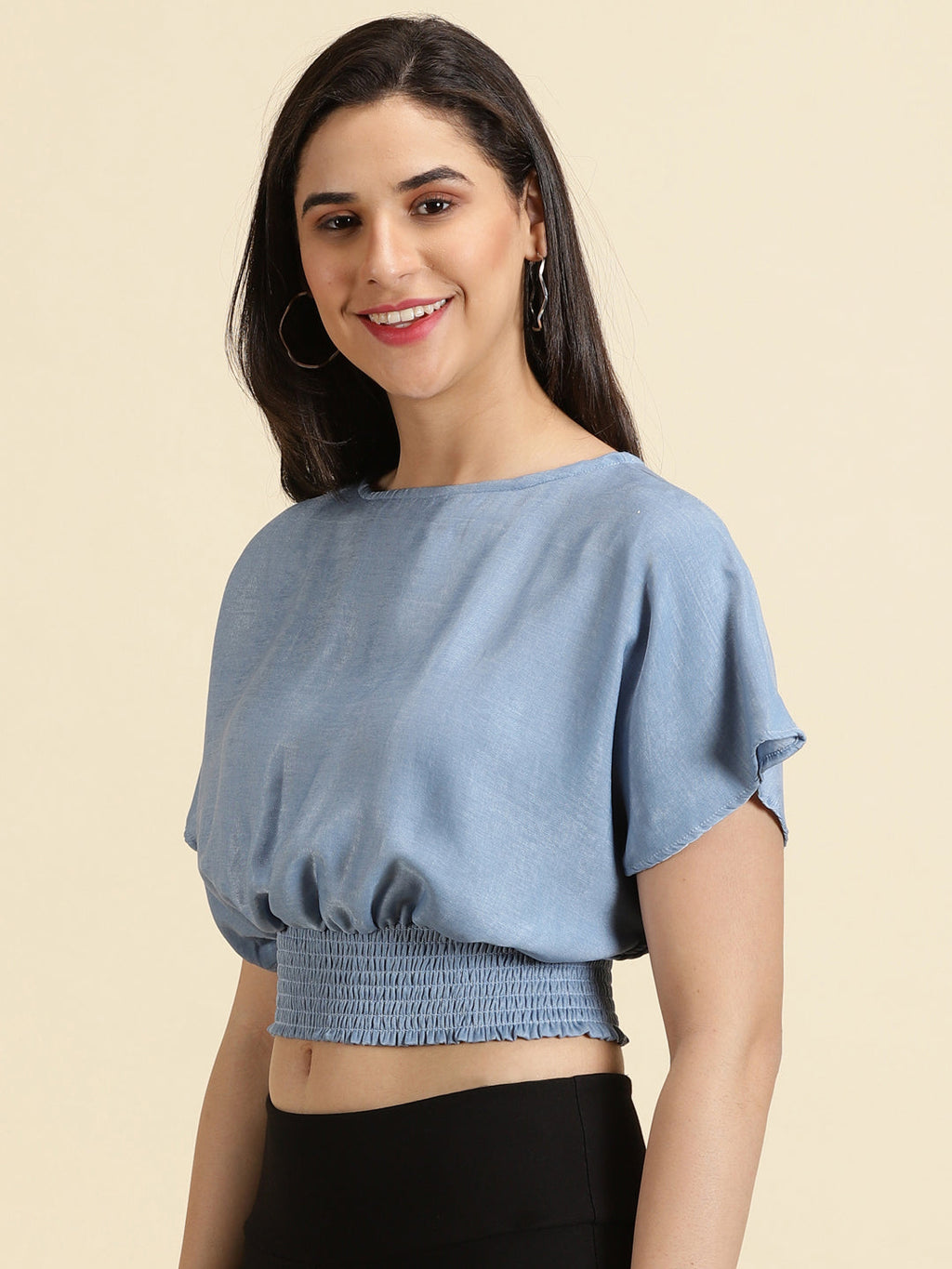 Women's Blue Smocked Extended Sleeves Crop Cinched Waist Top