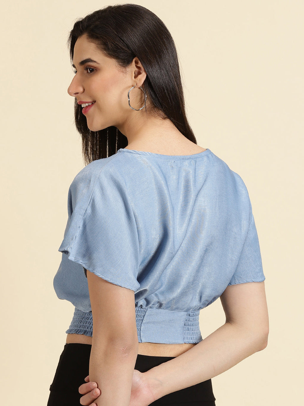 Women's Blue Smocked Extended Sleeves Crop Cinched Waist Top