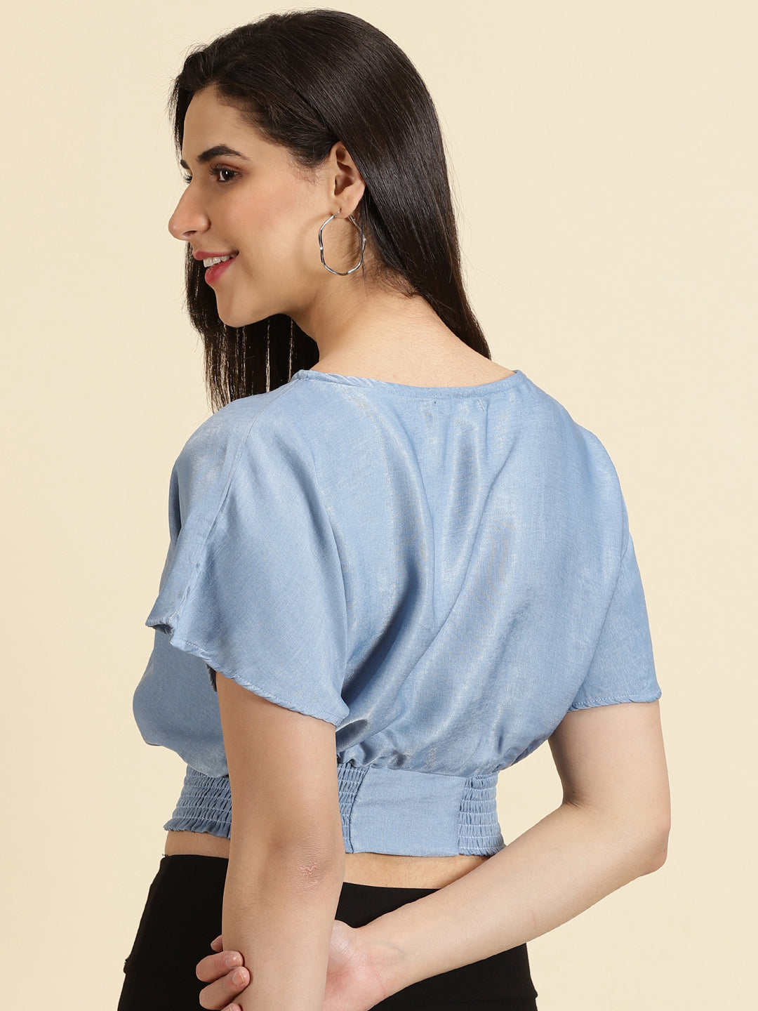 Women's Blue Smocked Extended Sleeves Crop Cinched Waist Top