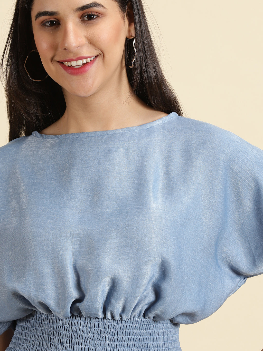 Women's Blue Smocked Extended Sleeves Crop Cinched Waist Top