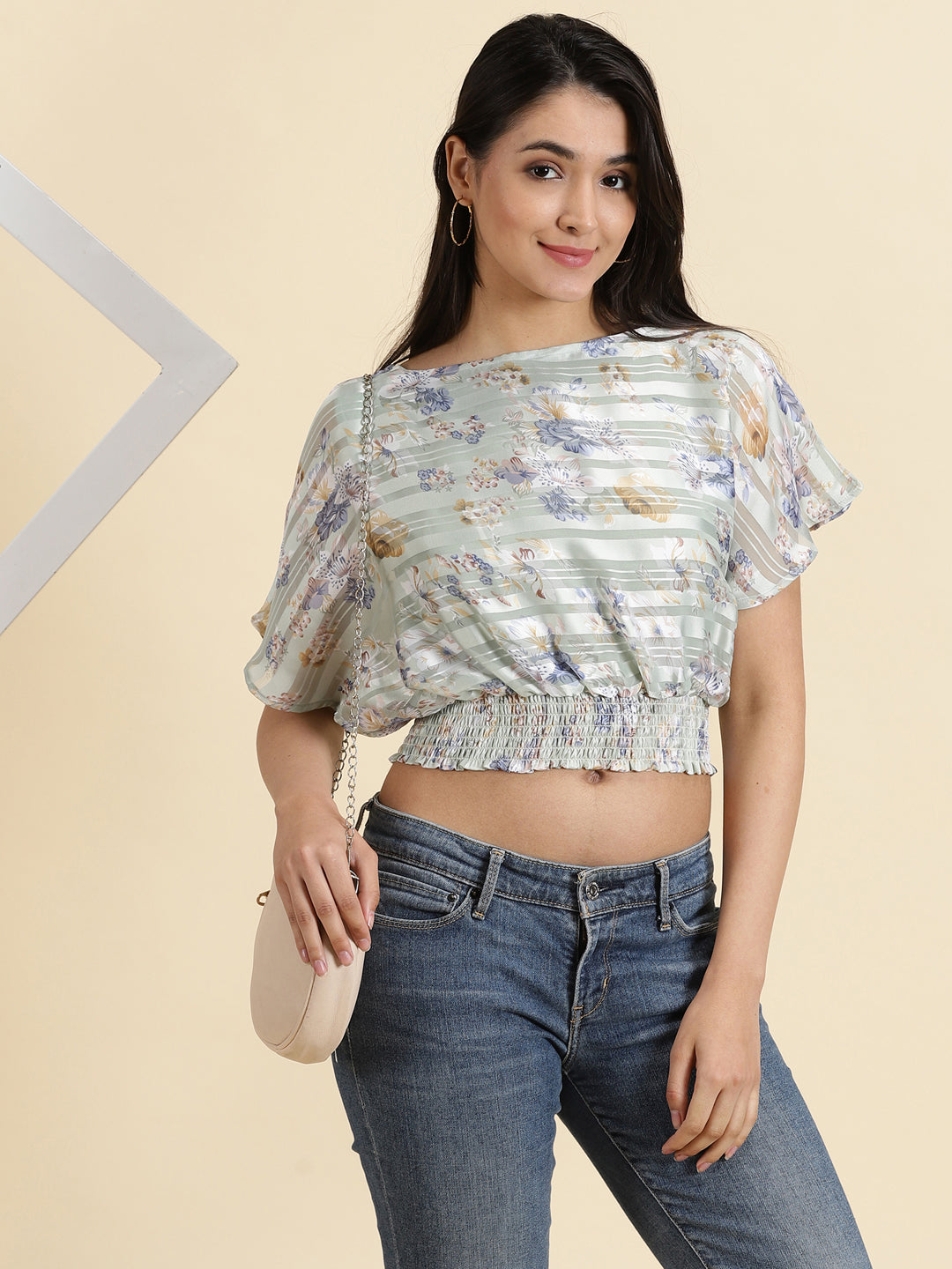 Women's Sea Green Floral Printed Smocked Cinched Waist Crop Top