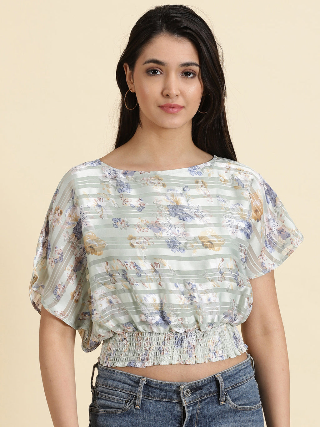 Women's Sea Green Floral Printed Smocked Cinched Waist Crop Top