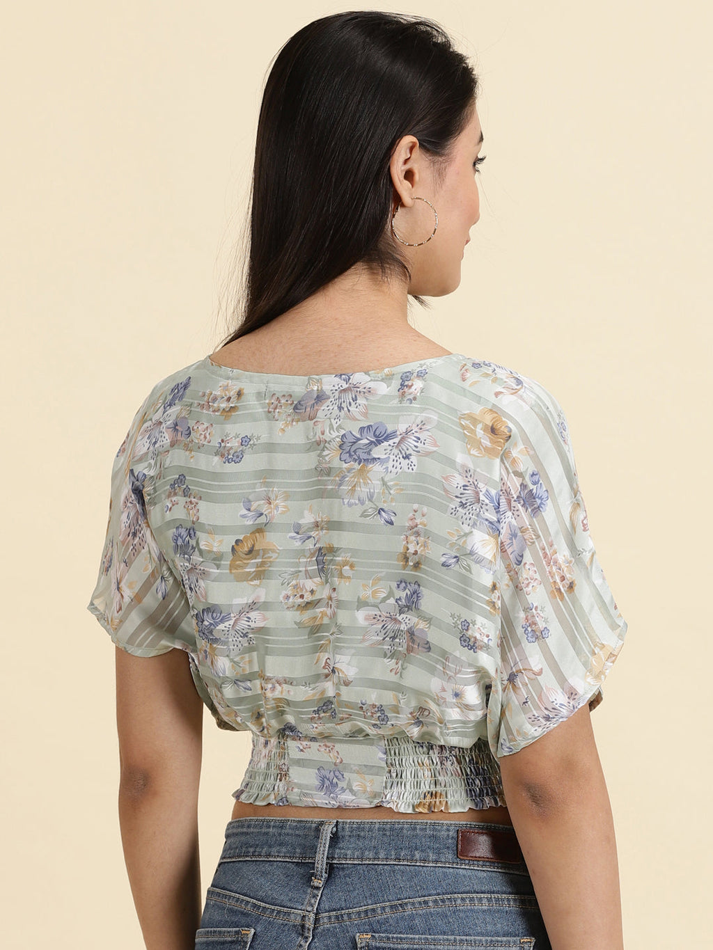 Women's Sea Green Floral Printed Smocked Cinched Waist Crop Top