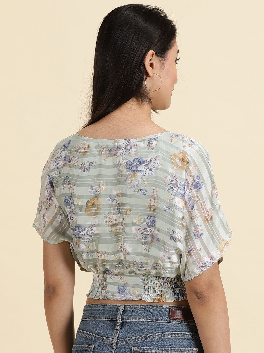 Women's Sea Green Floral Printed Smocked Cinched Waist Crop Top