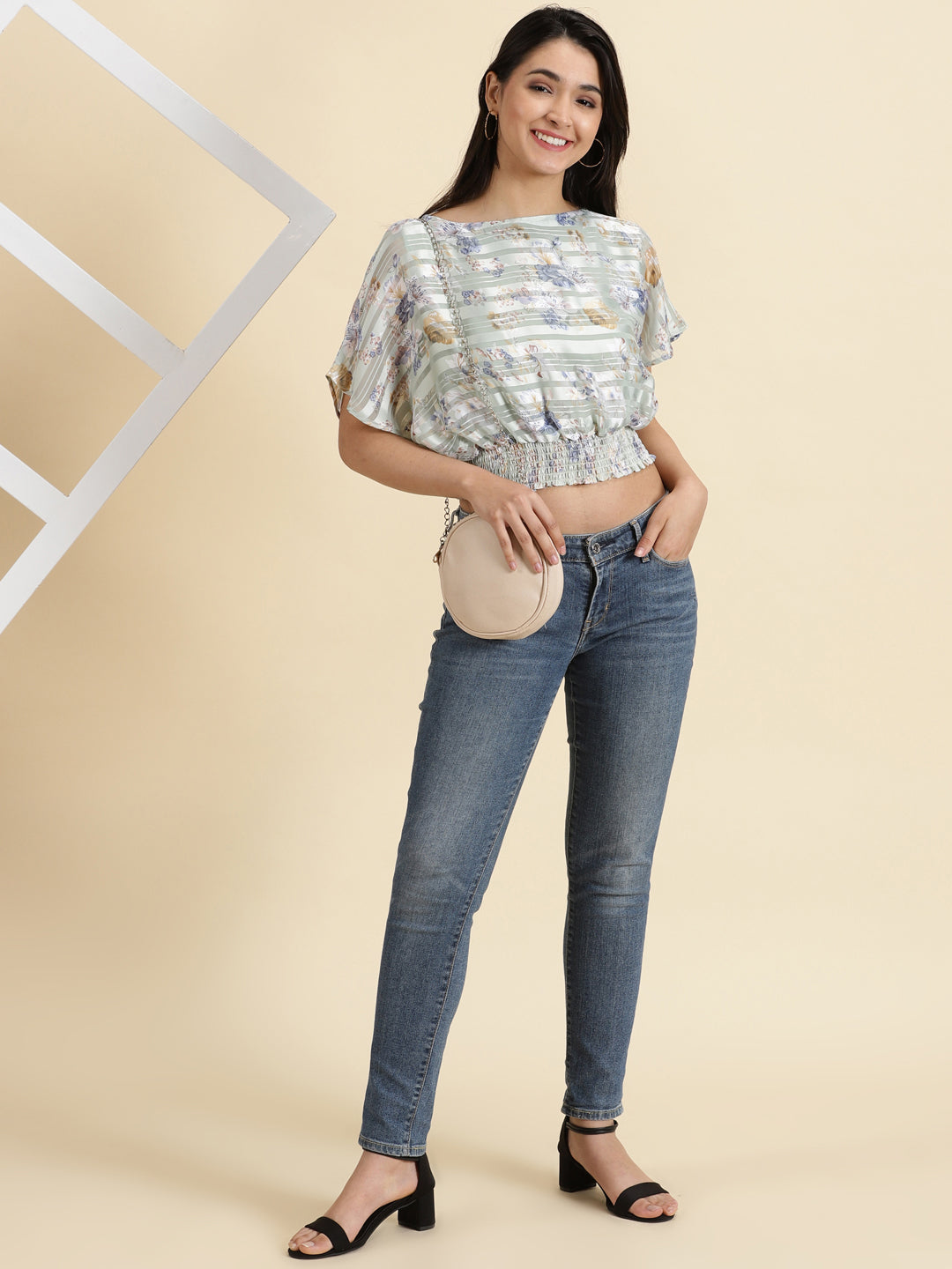 Women's Sea Green Floral Printed Smocked Cinched Waist Crop Top