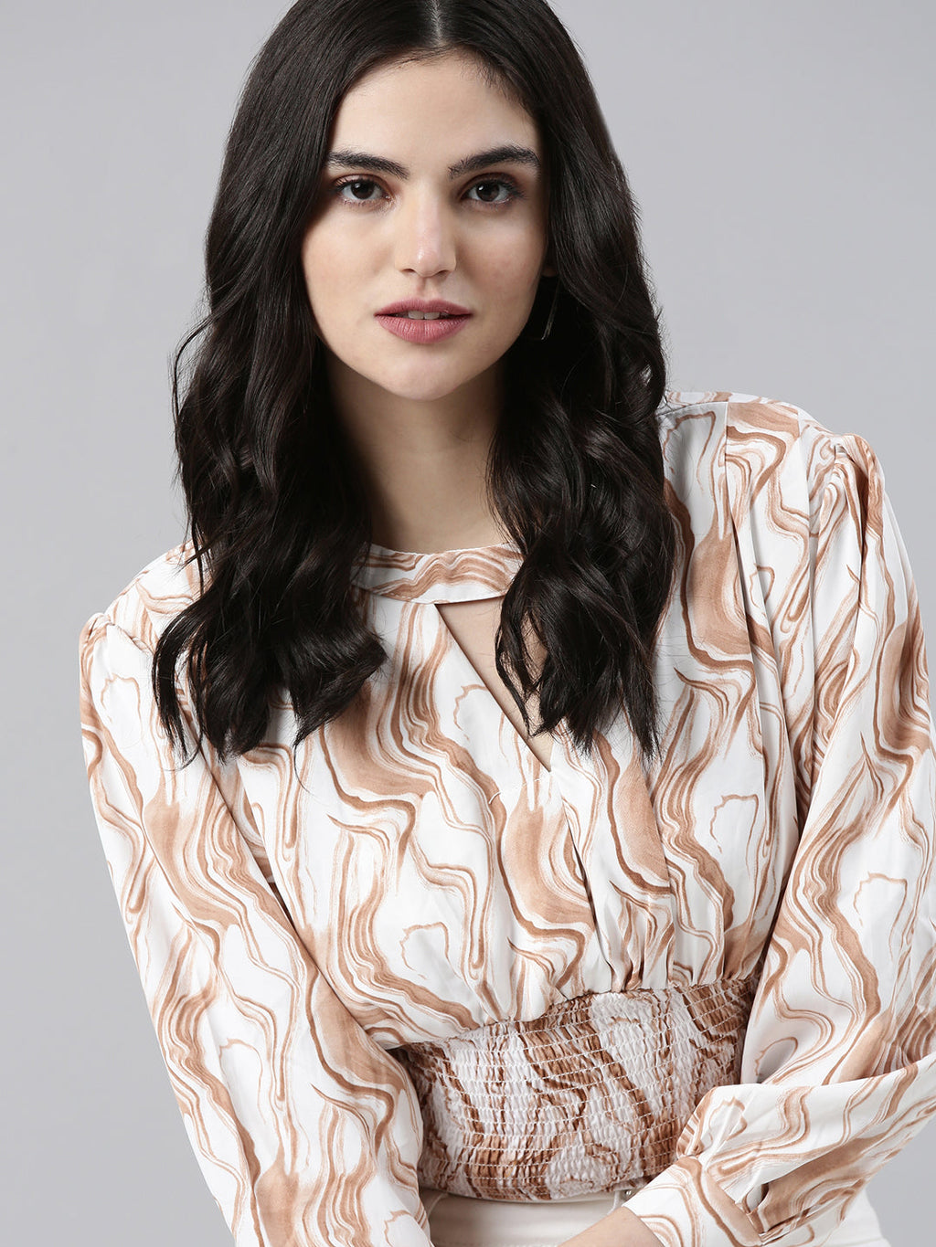 Women's Brown Animal Print Crepe Cinched Waist Top