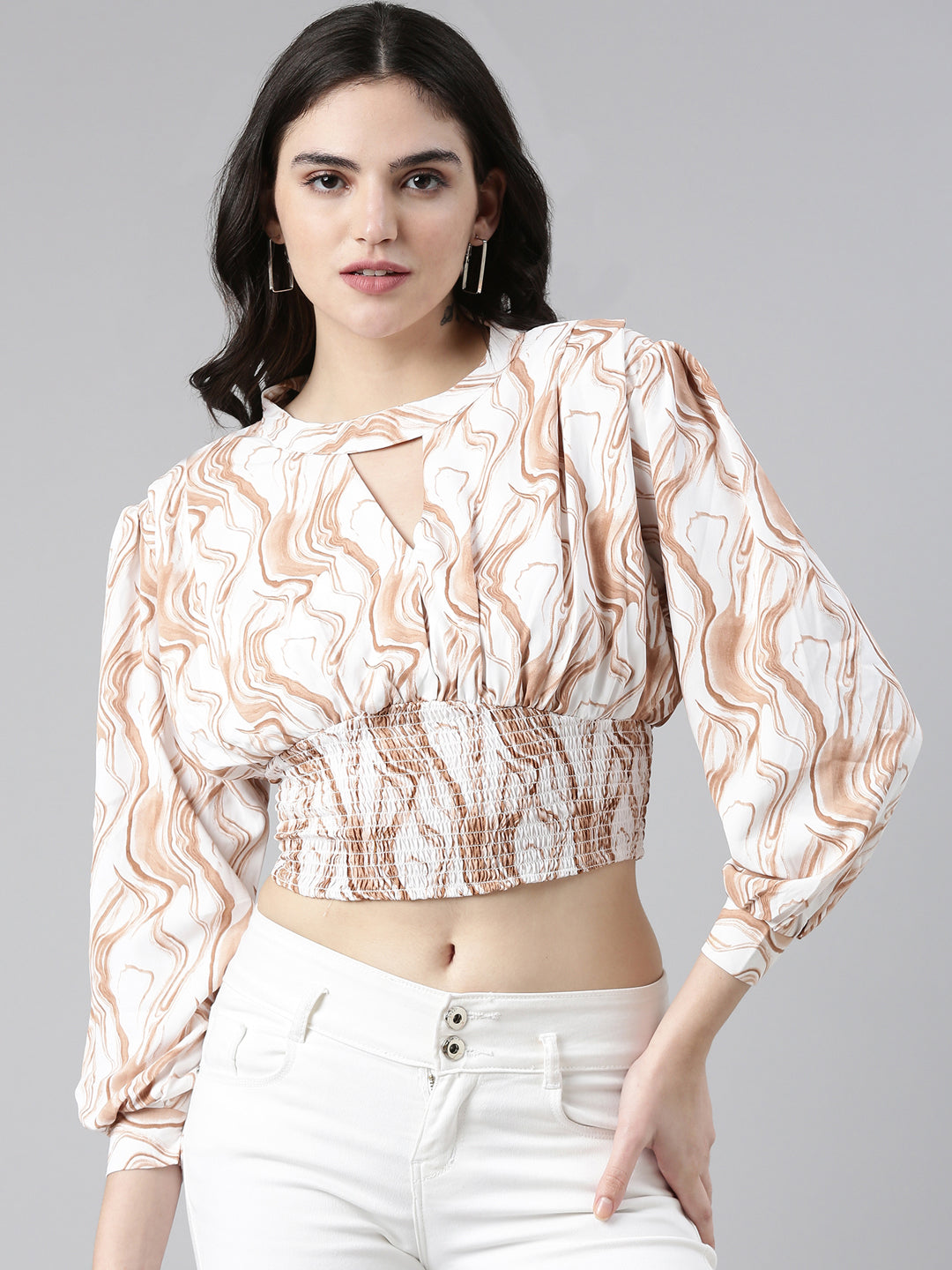 Women's Brown Animal Print Crepe Cinched Waist Top