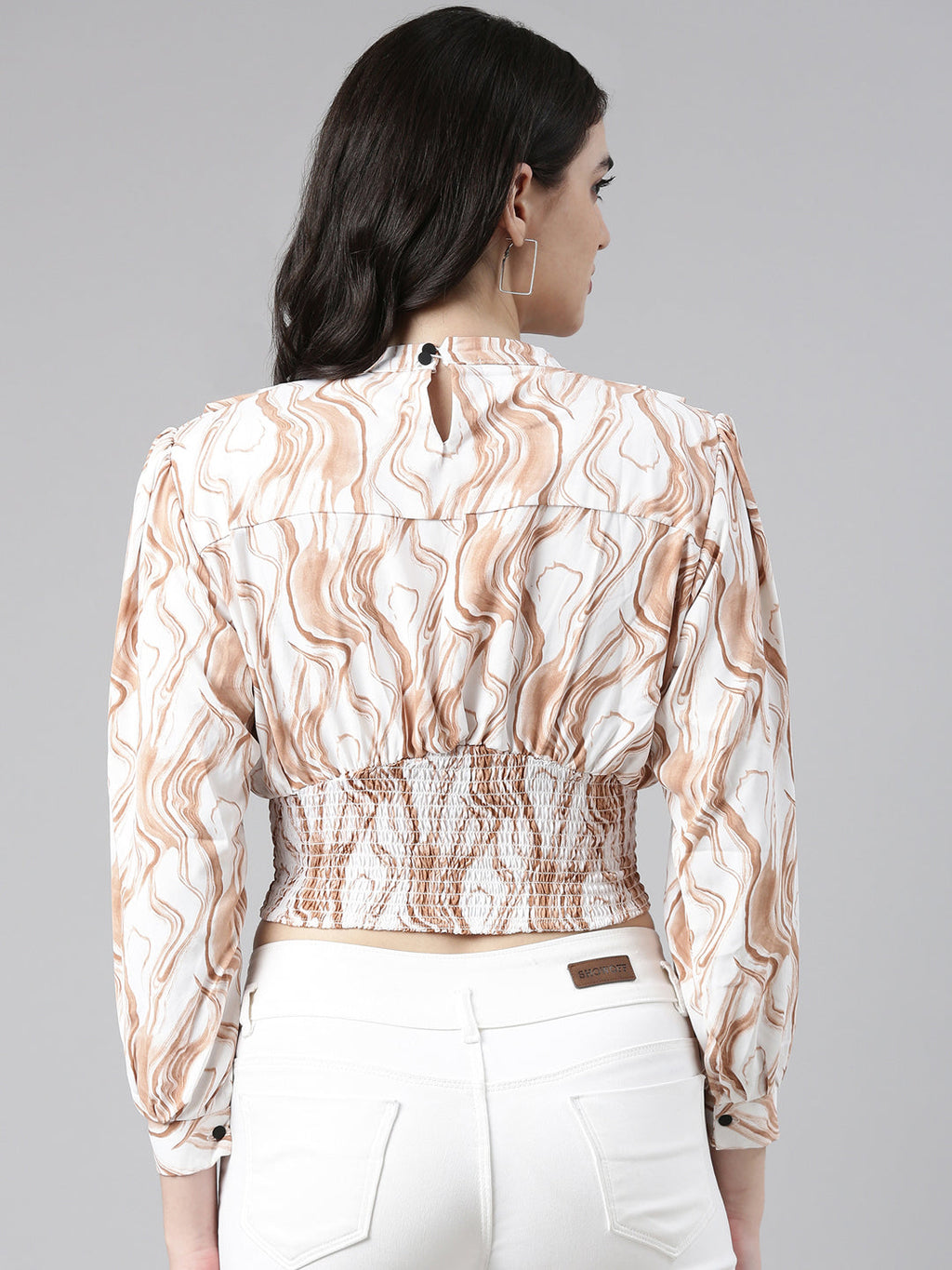 Women's Brown Animal Print Crepe Cinched Waist Top