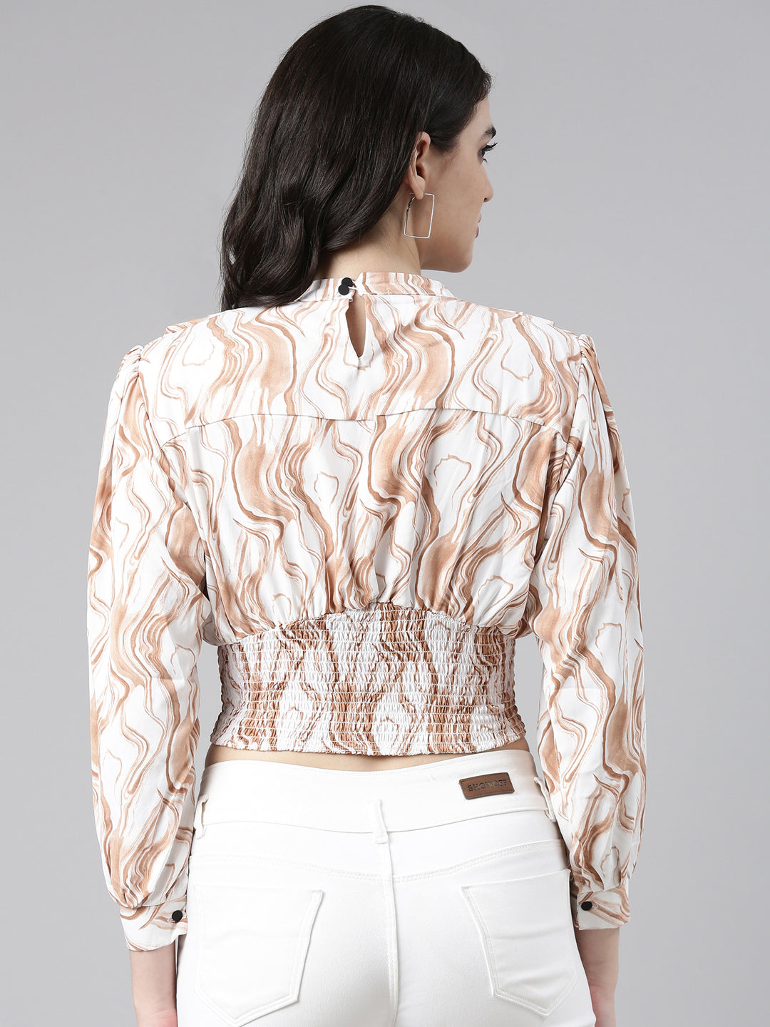 Women's Brown Animal Print Crepe Cinched Waist Top