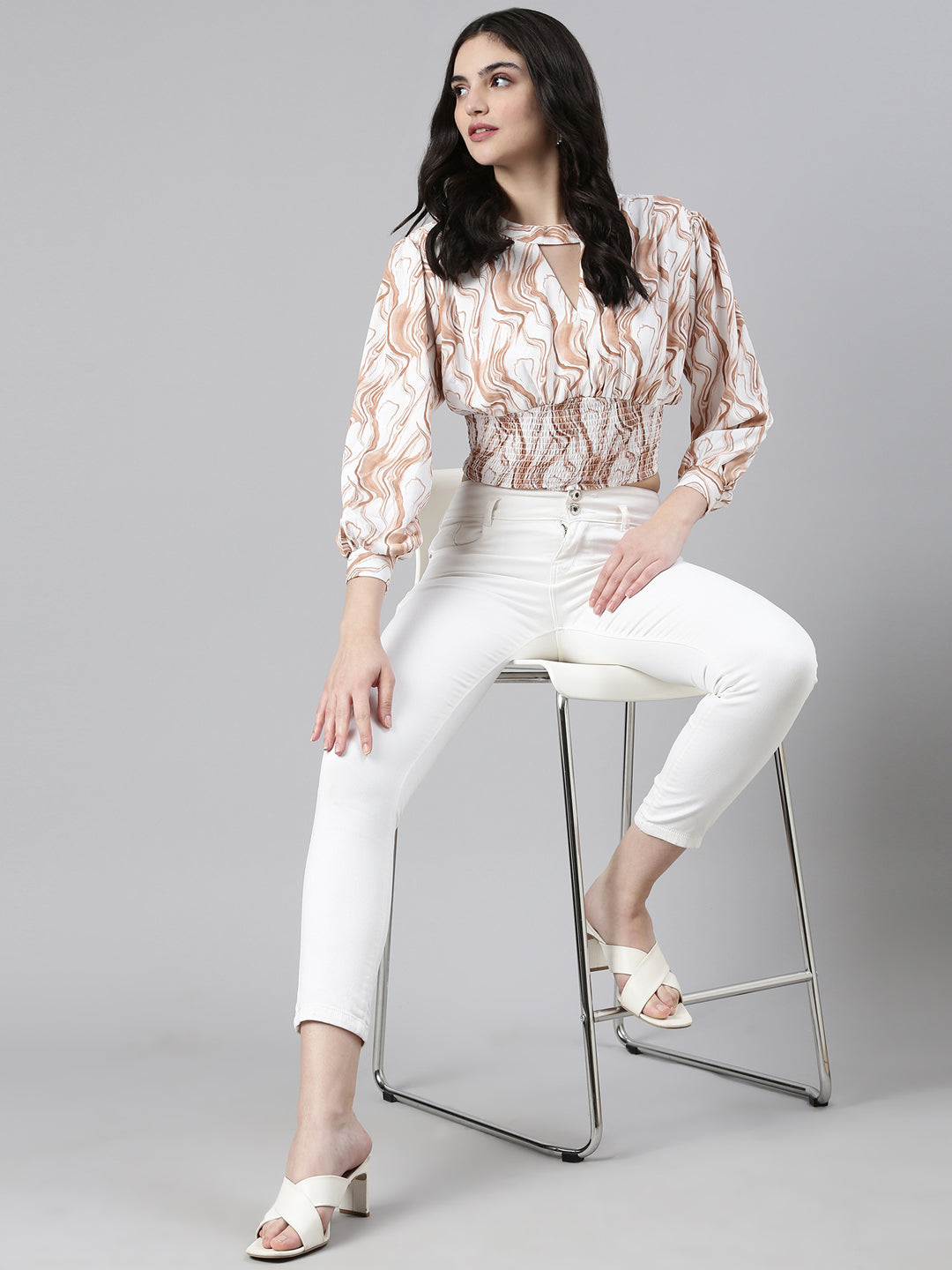 Women's Brown Animal Print Crepe Cinched Waist Top