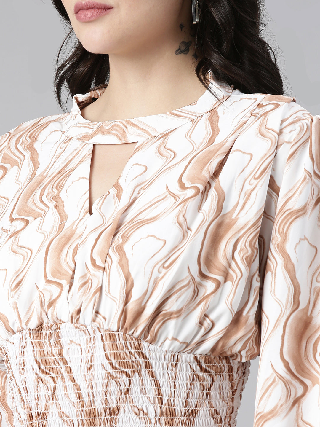 Women's Brown Animal Print Crepe Cinched Waist Top