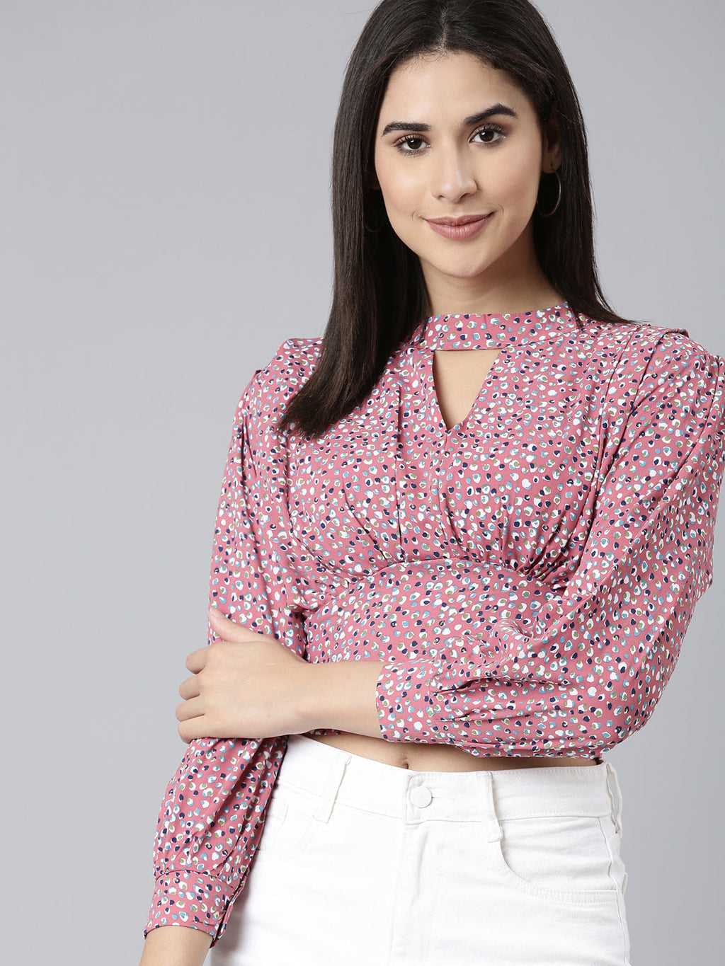 Women's Mauve Floral Printed Keyhole Neck Puff Sleeves Cinched Waist Crop Top