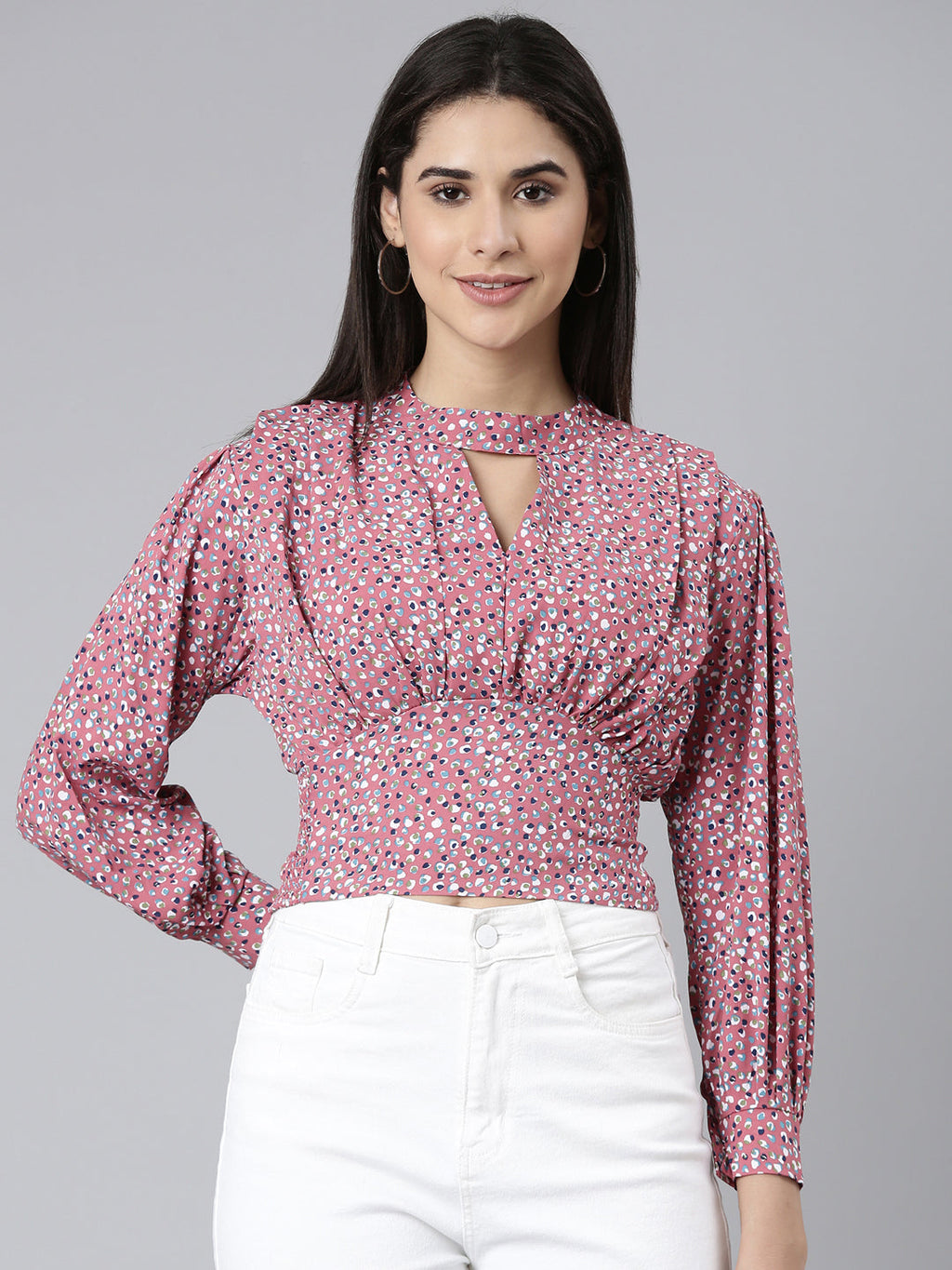 Women's Mauve Floral Printed Keyhole Neck Puff Sleeves Cinched Waist Crop Top
