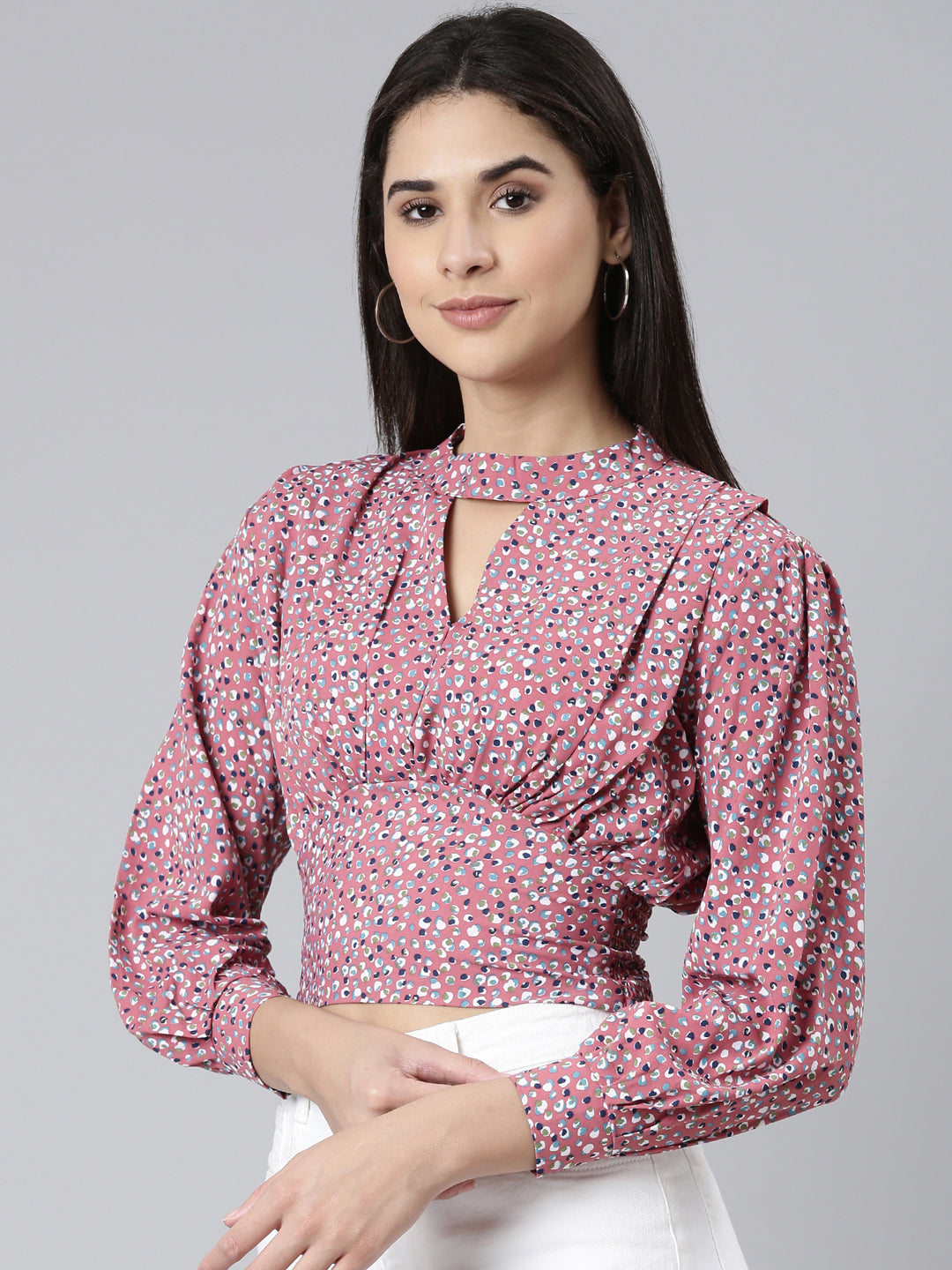 Women's Mauve Floral Printed Keyhole Neck Puff Sleeves Cinched Waist Crop Top