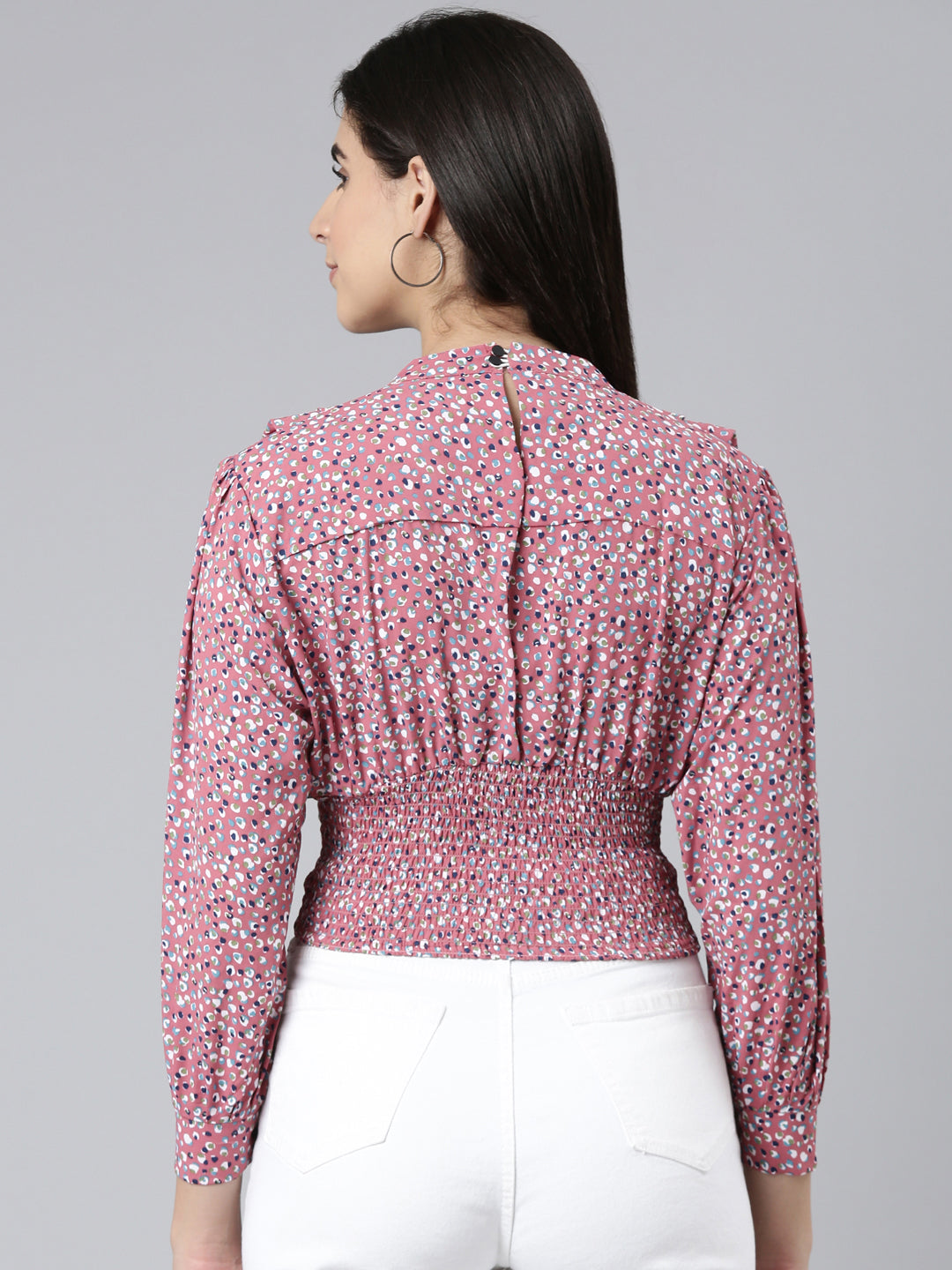 Women's Mauve Floral Printed Keyhole Neck Puff Sleeves Cinched Waist Crop Top