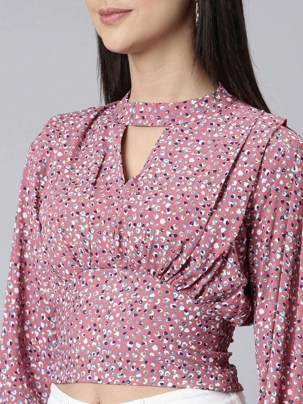 Women's Mauve Floral Printed Keyhole Neck Puff Sleeves Cinched Waist Crop Top