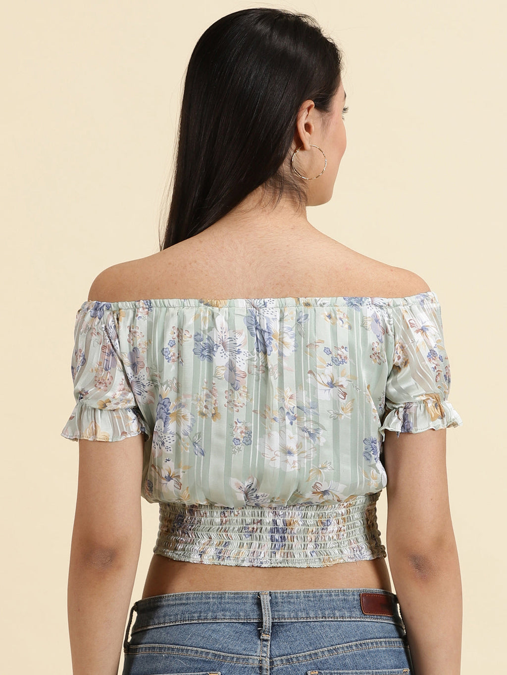 Women's Sea Green Floral Printed Off-Shoulder Cinched Waist Crop Top