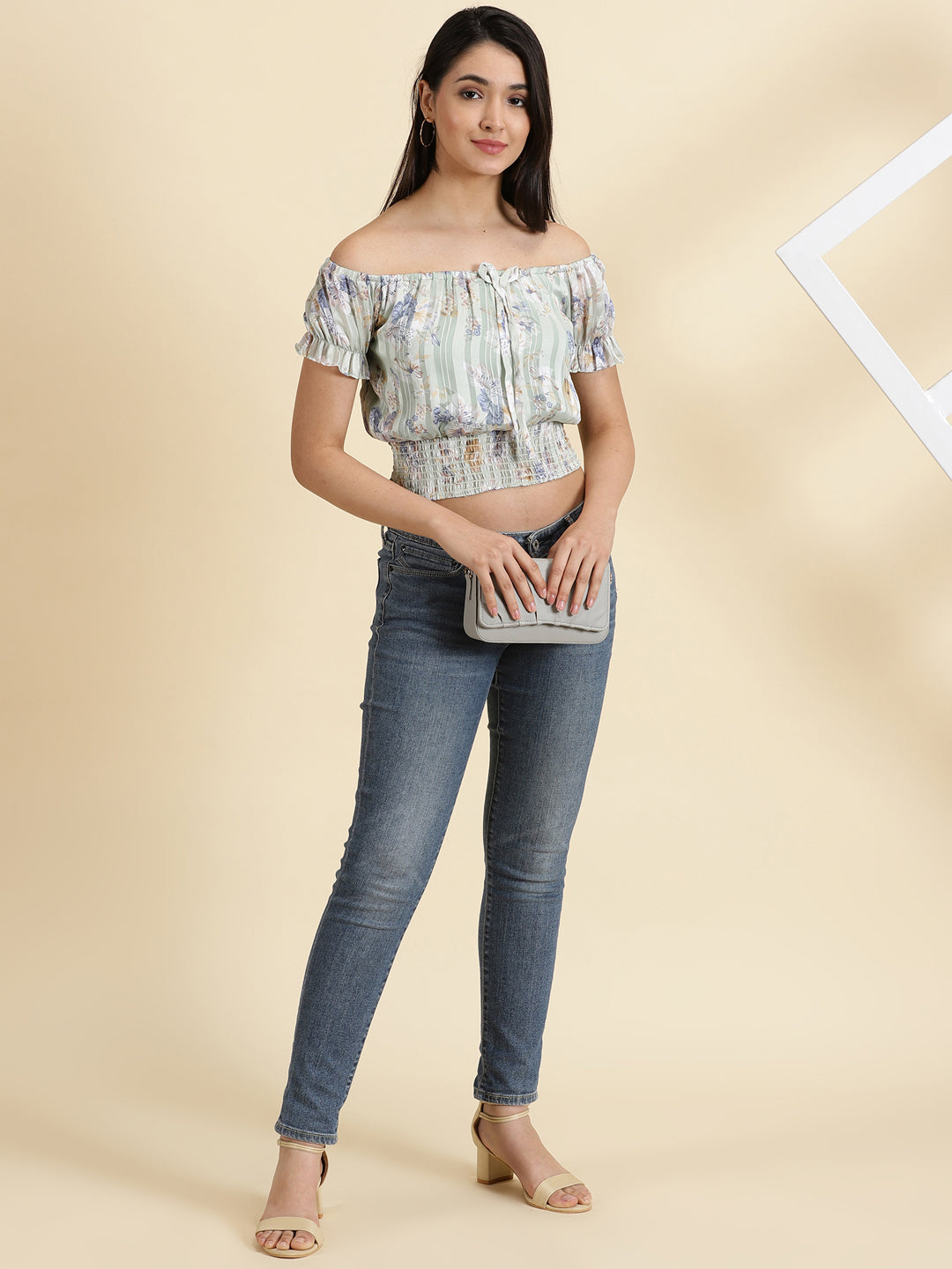 Women's Sea Green Floral Printed Off-Shoulder Cinched Waist Crop Top