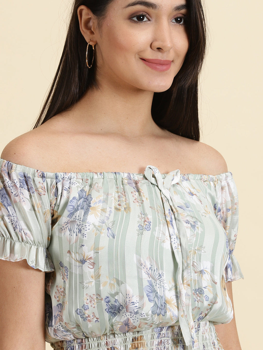 Women's Sea Green Floral Printed Off-Shoulder Cinched Waist Crop Top
