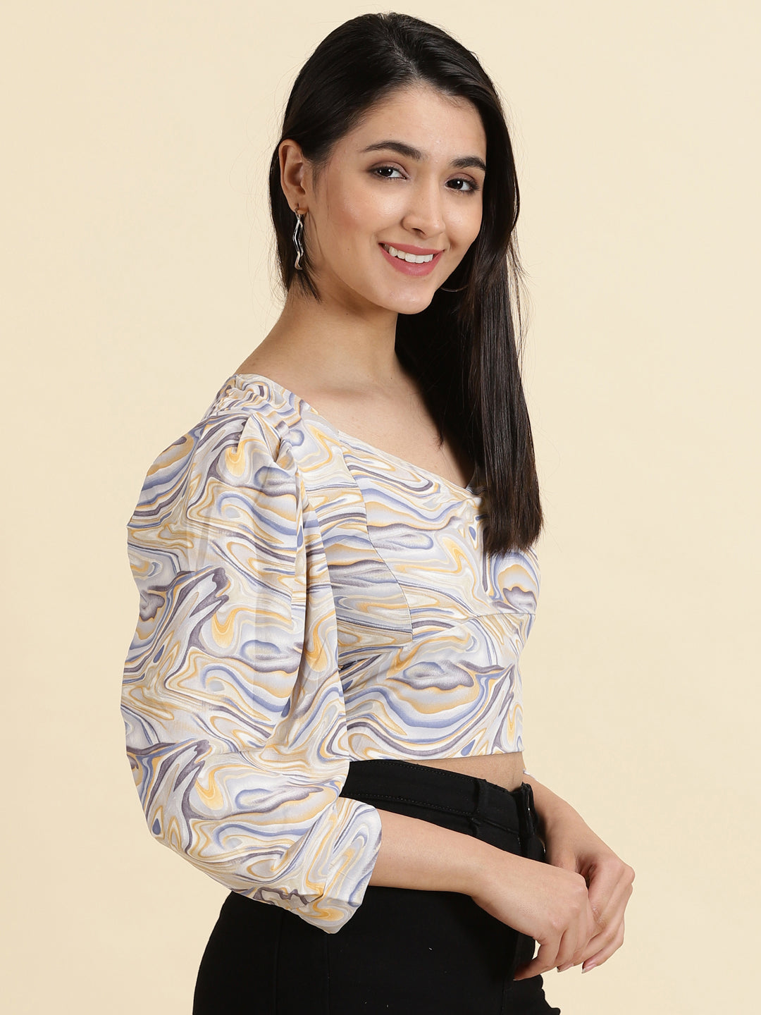Women's Blue V-Neck Print Crepe Crop Top