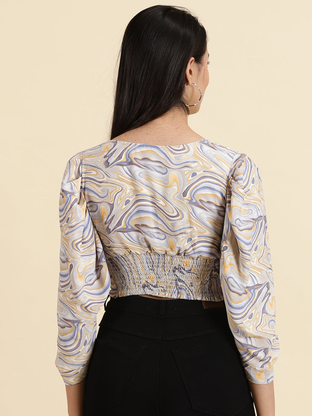 Women's Blue V-Neck Print Crepe Crop Top