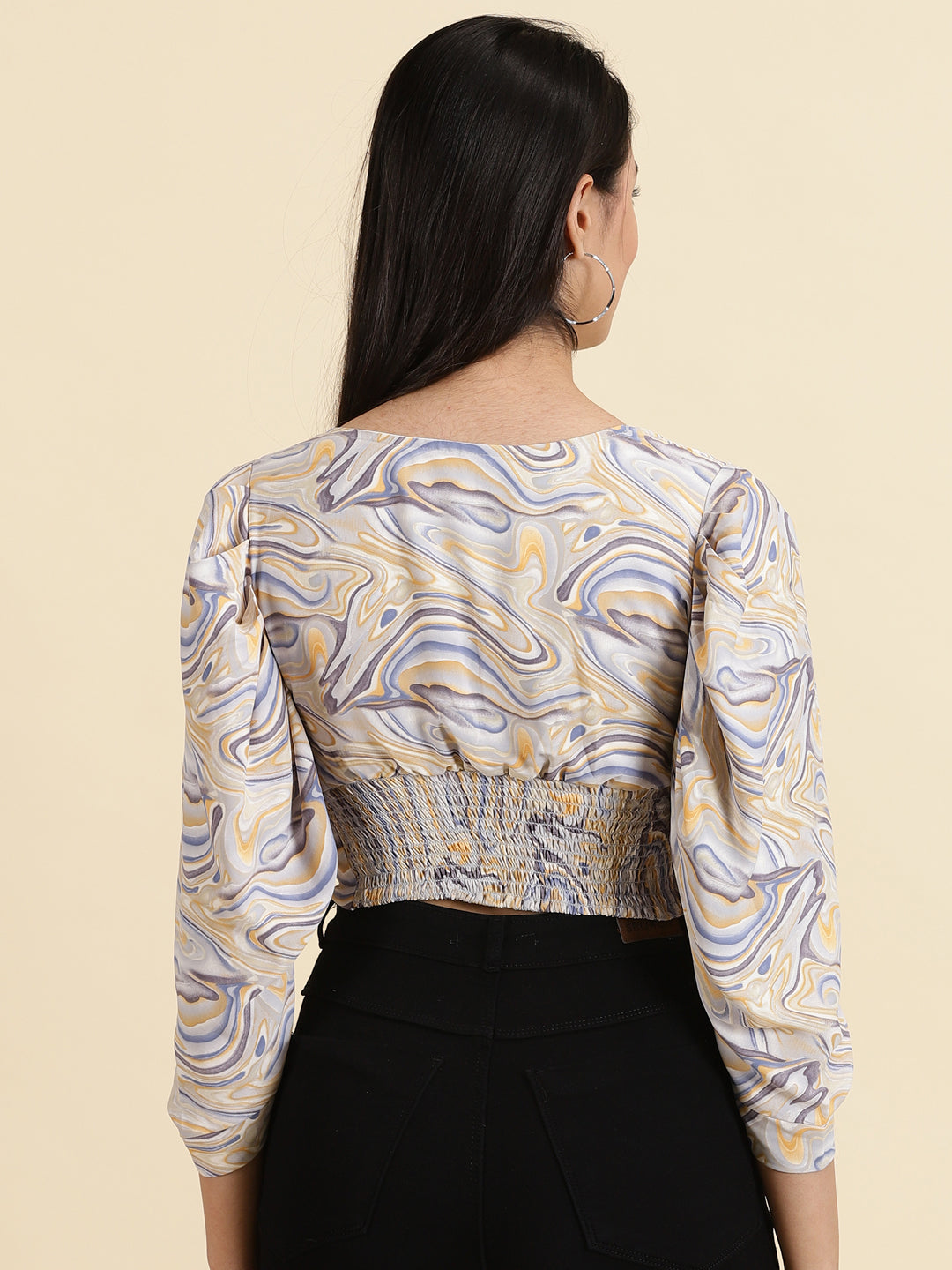 Women's Blue V-Neck Print Crepe Crop Top