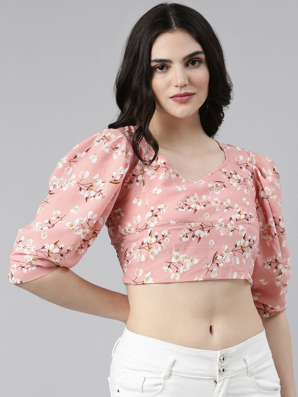 Women's Peach Floral Printed Puff Sleeve Smocking Chiffon Crop Top