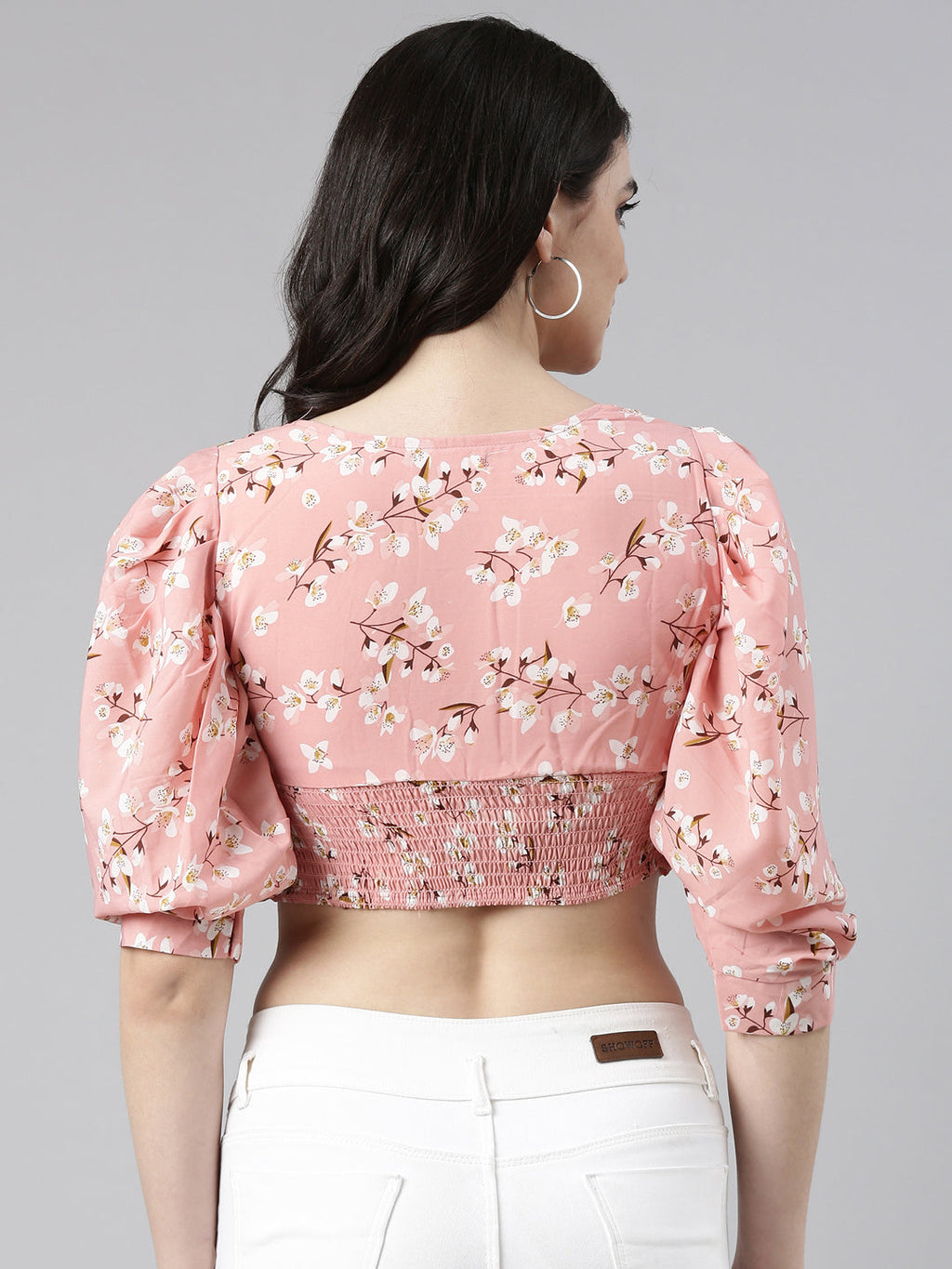 Women's Peach Floral Printed Puff Sleeve Smocking Chiffon Crop Top