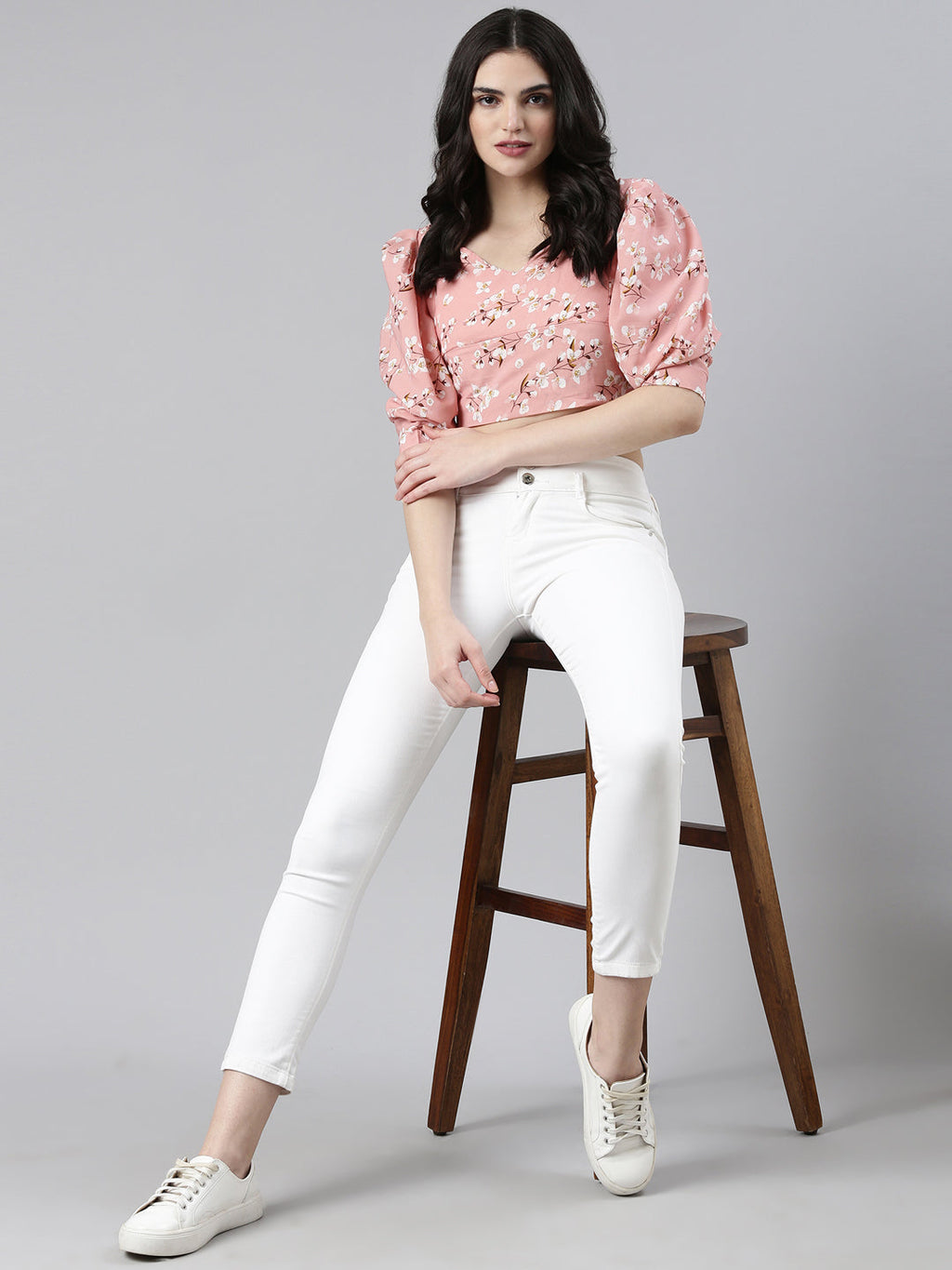 Women's Peach Floral Printed Puff Sleeve Smocking Chiffon Crop Top