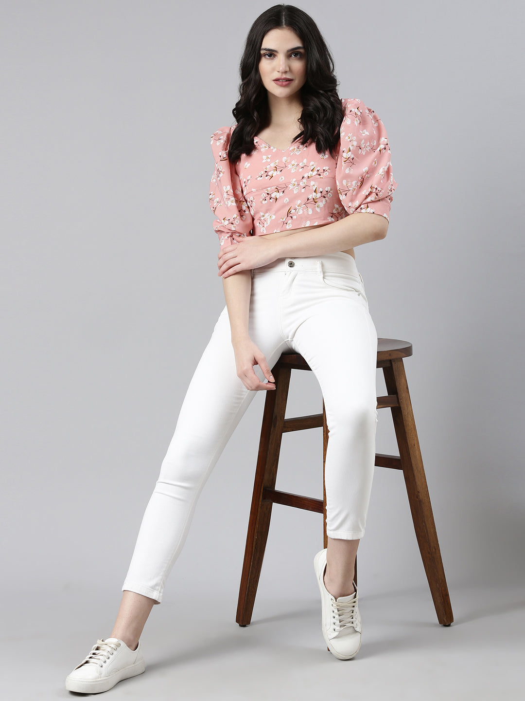 Women's Peach Floral Printed Puff Sleeve Smocking Chiffon Crop Top