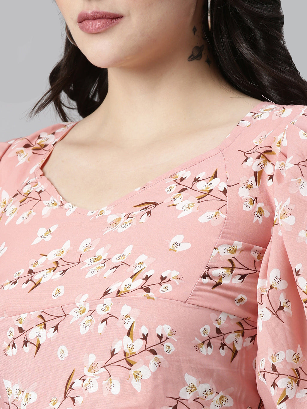 Women's Peach Floral Printed Puff Sleeve Smocking Chiffon Crop Top