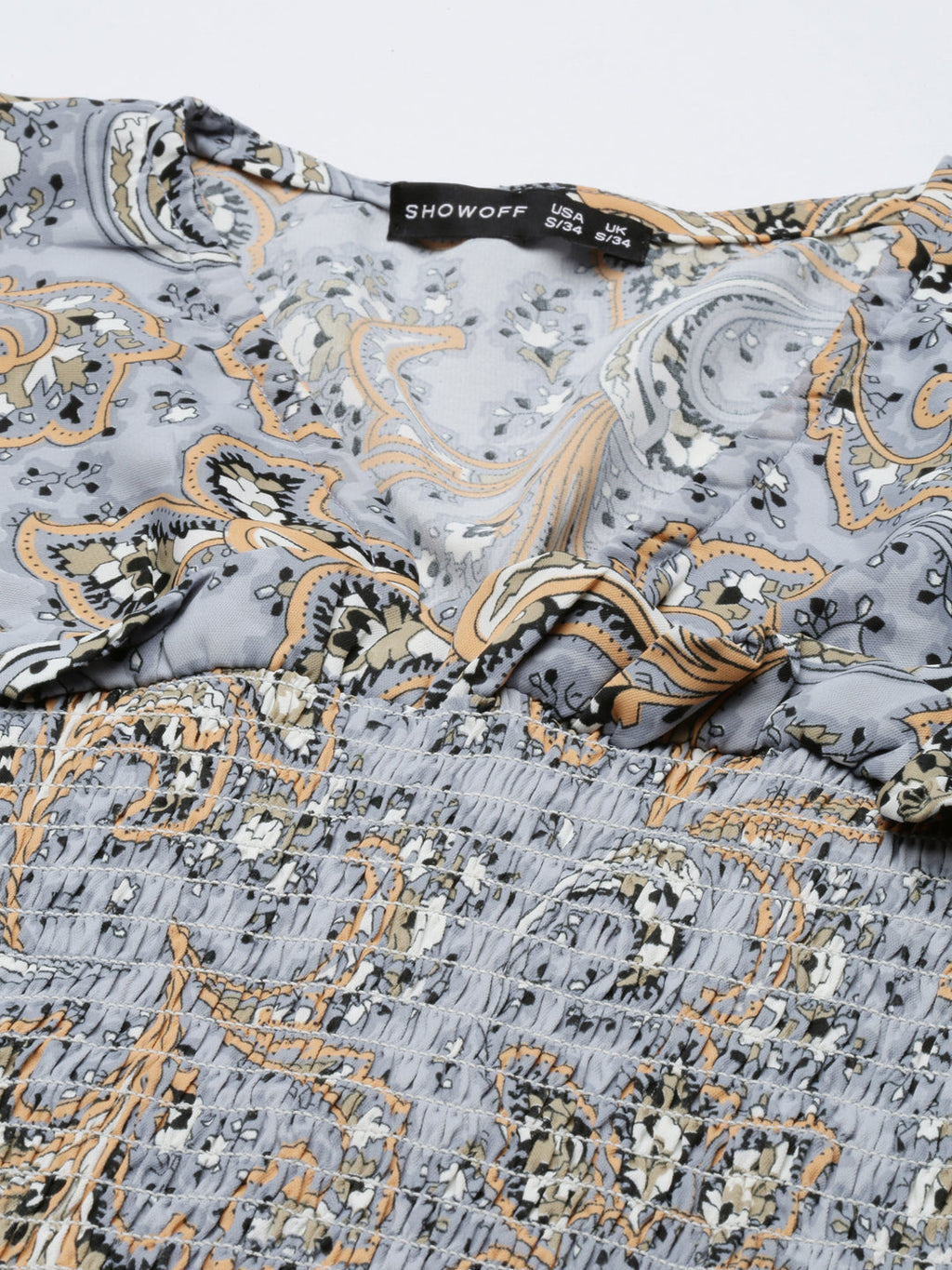 Women's Grey Ethnic Motifs Printed Puffed Sleeves Smocking Crop Top