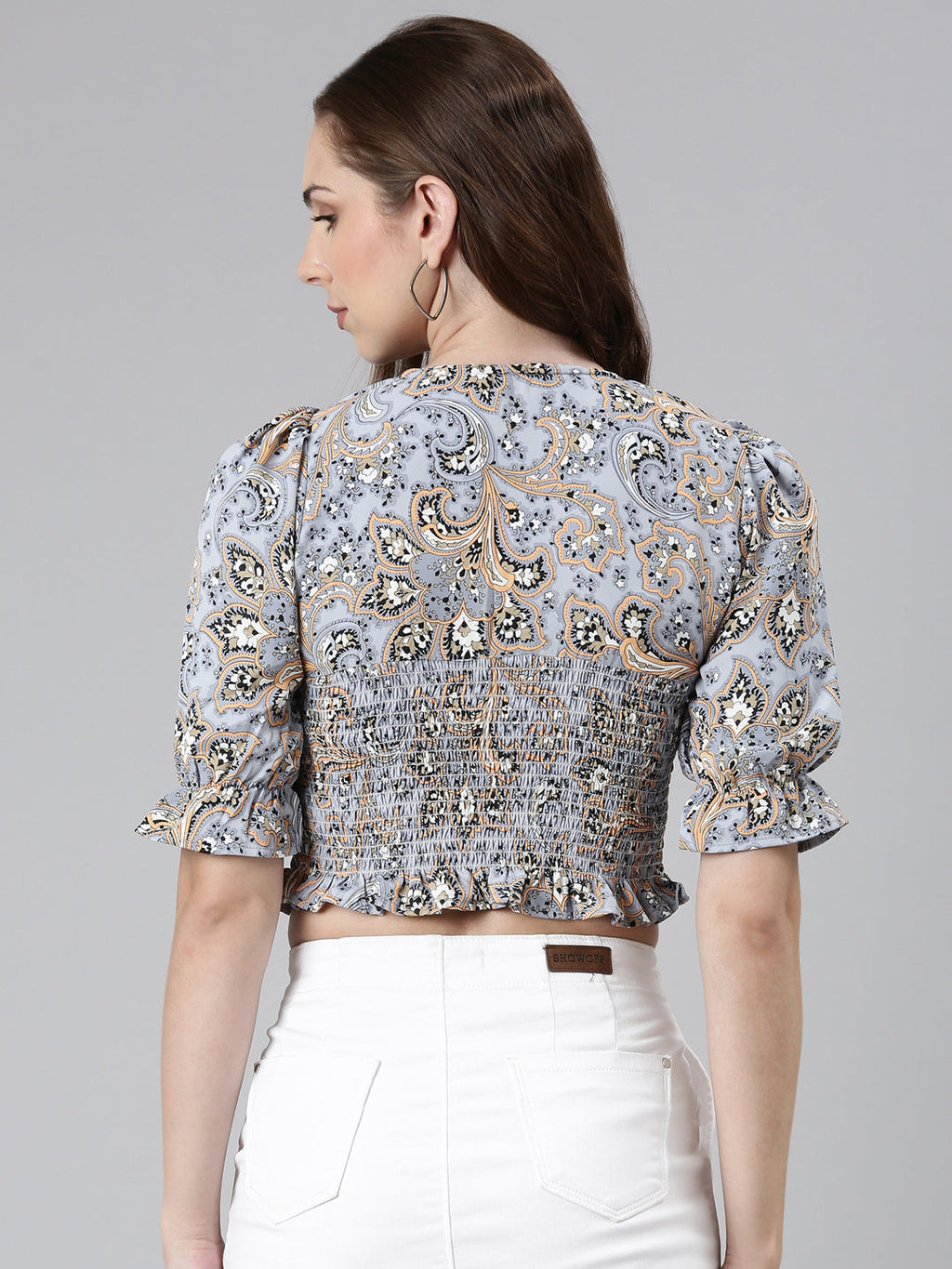 Women's Grey Ethnic Motifs Printed Puffed Sleeves Smocking Crop Top