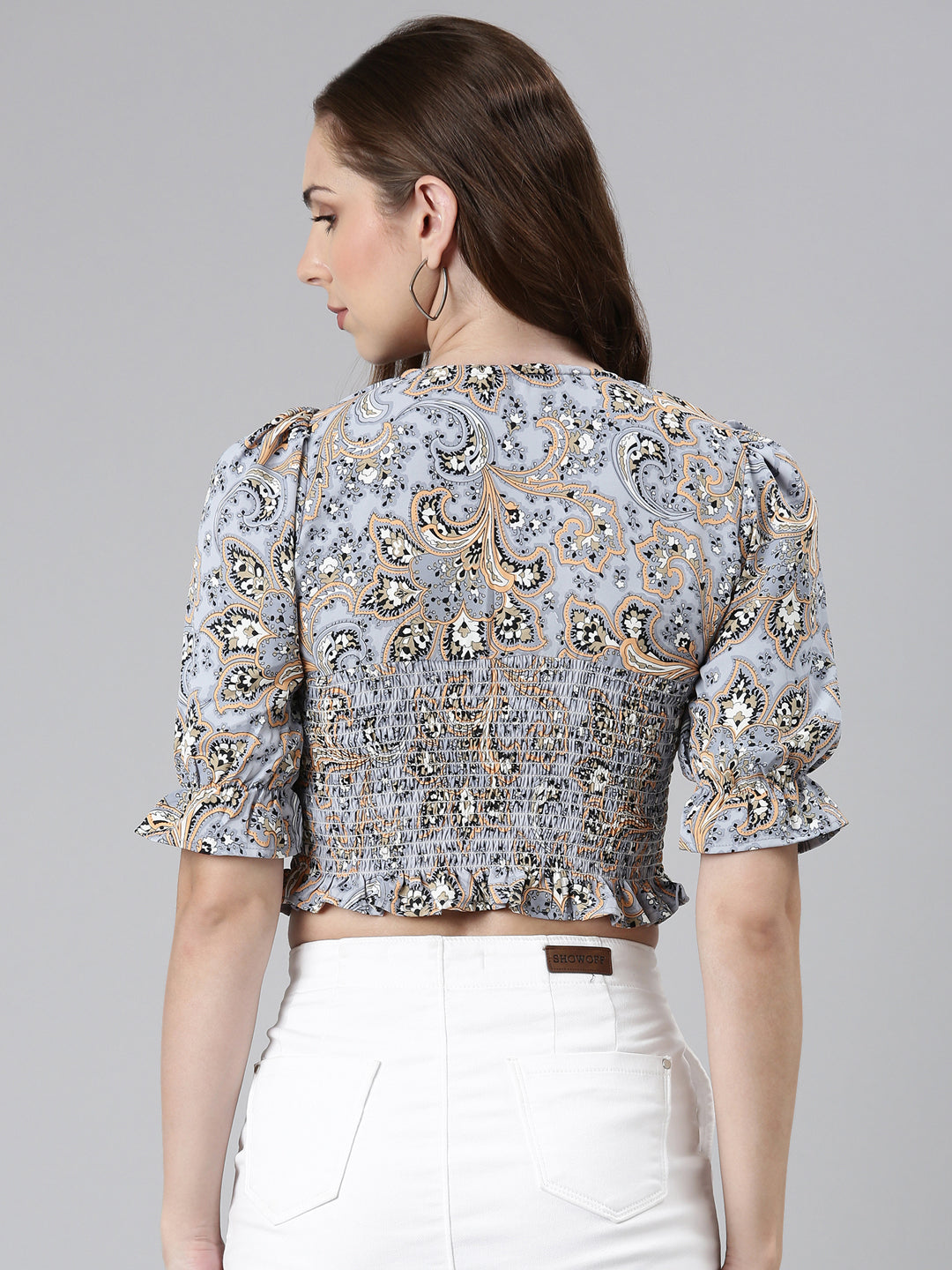Women's Grey Ethnic Motifs Printed Puffed Sleeves Smocking Crop Top