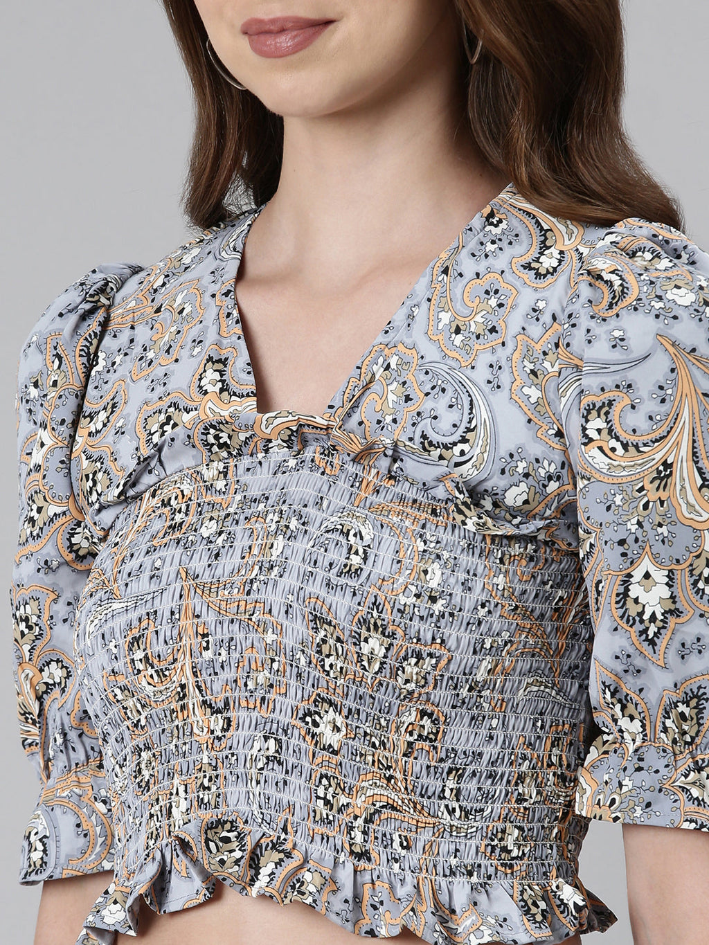 Women's Grey Ethnic Motifs Printed Puffed Sleeves Smocking Crop Top